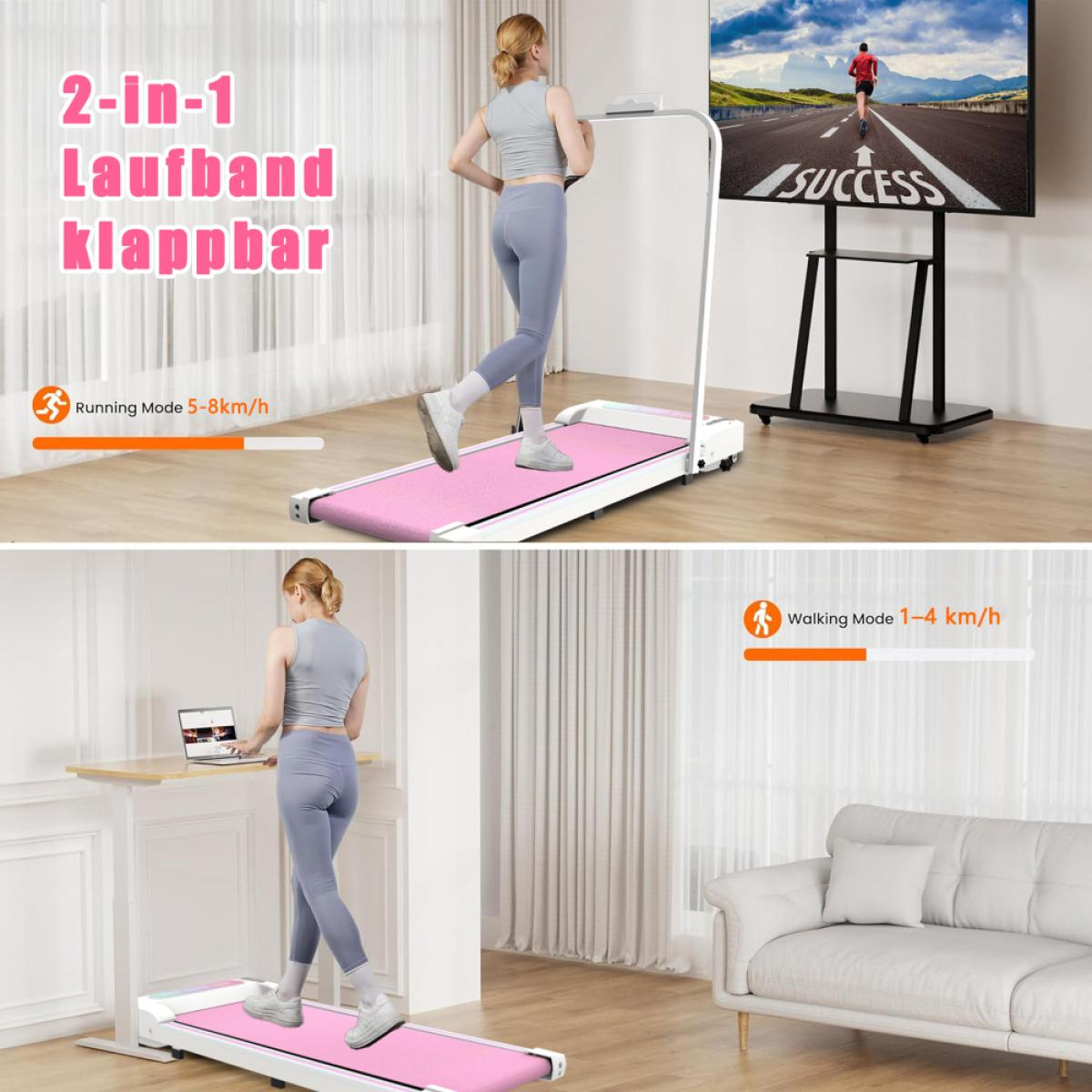 Eine Frau trainiert auf einem rosa Laufband. Ein Fernseher zeigt einen Läufer. Text: 2-in-1, Laufband klappbar, Running Mode 5-8km/h, Walking Mode 1-4 km/h.