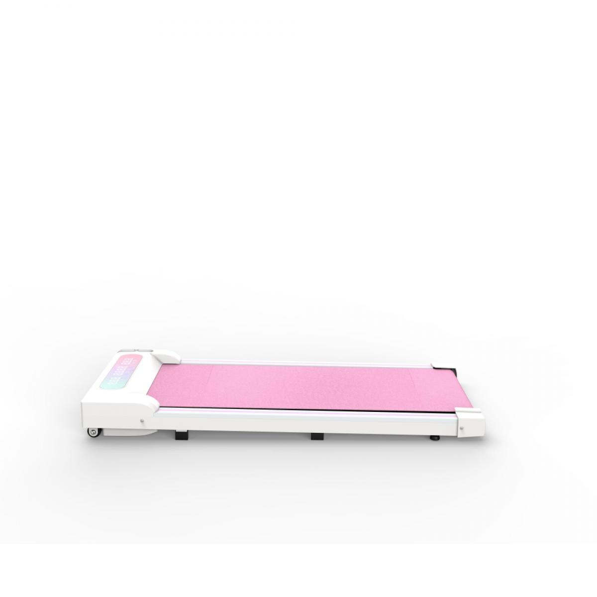 Ein rosa und weißes Laufband steht auf einer weißen Oberfläche. Das Laufband ist flach.