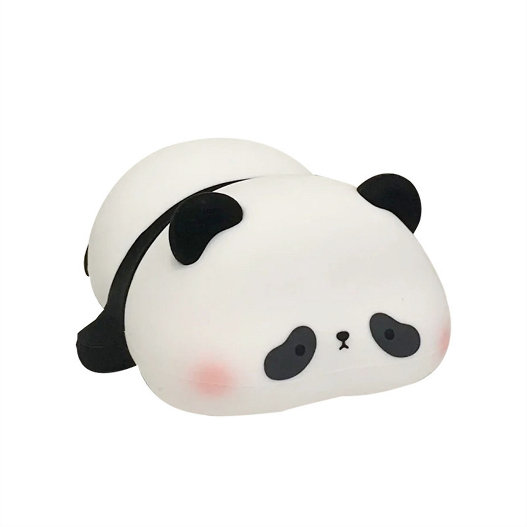 Ein weißes Panda-Plüschtier mit schwarzen Ohren und Augenklappen liegt. Es hat rosige Wangen.