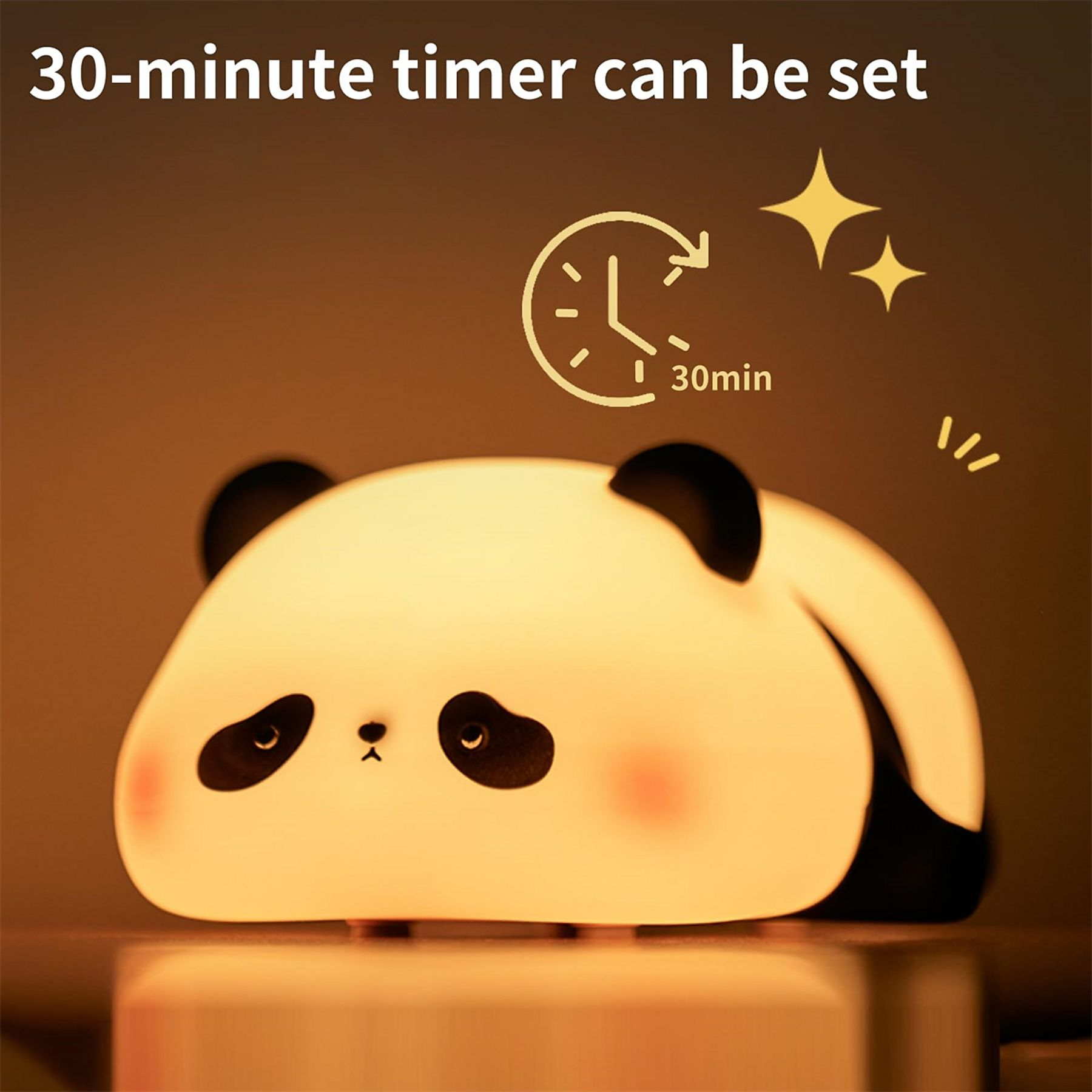 Nachtlicht in Pandaform. Es hat einen 30-Minuten-Timer. Sterne und ein Timer-Symbol sind im Hintergrund. Der Panda ist weiß.