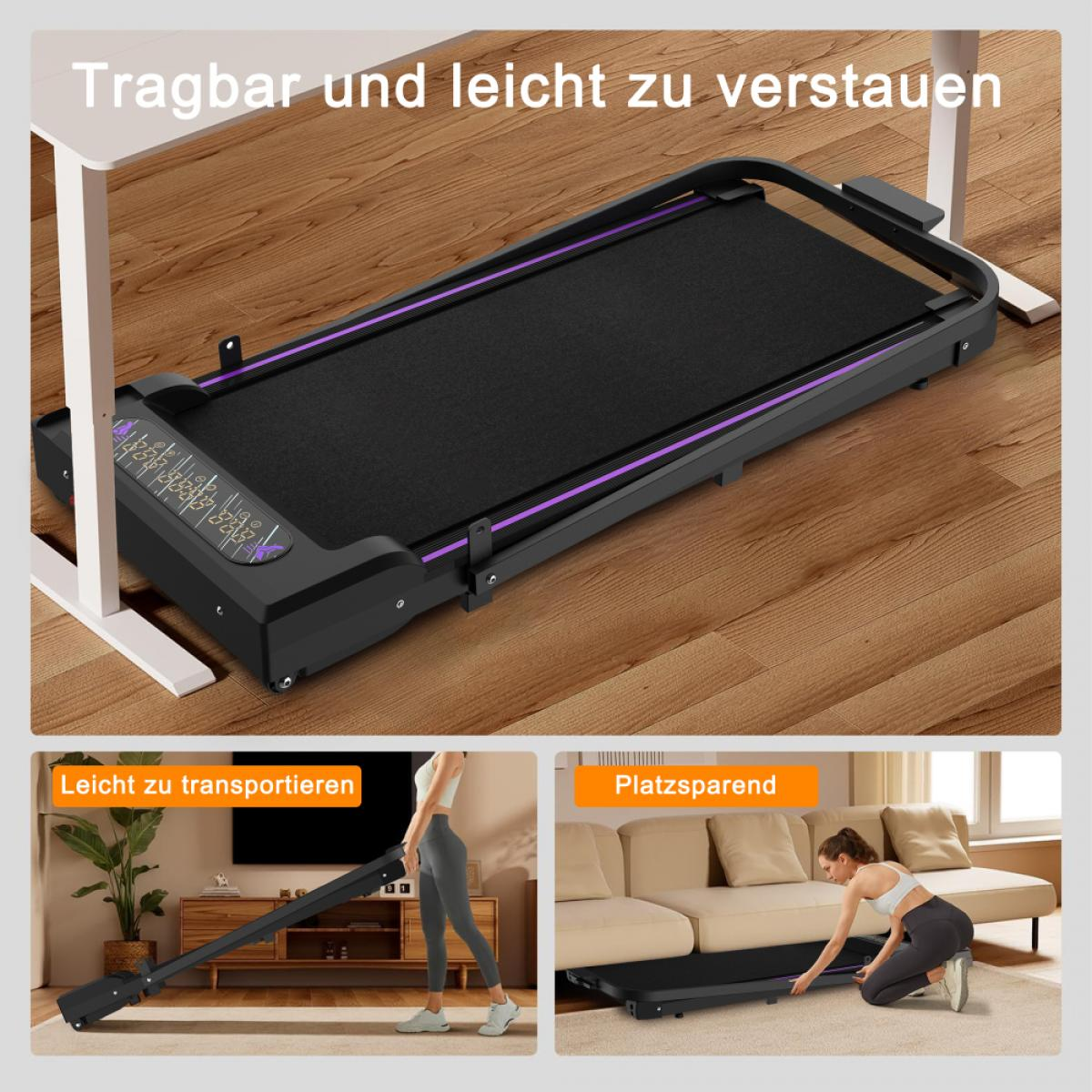 Ein zusammenklappbares, schwarzes Laufband steht auf einem Holzboden. Das Bild zeigt, wie es gelagert und von zwei Frauen benutzt werden kann.