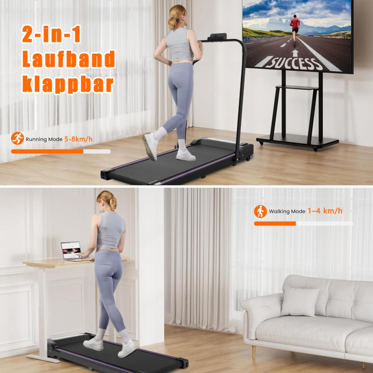 Frau läuft auf einem Laufband. Text: 2-in-1 Laufband klappbar. Laufmodus 5-8 km/h, Gehmodus 1-4 km/h. Ein Fernseher zeigt einen Läufer.