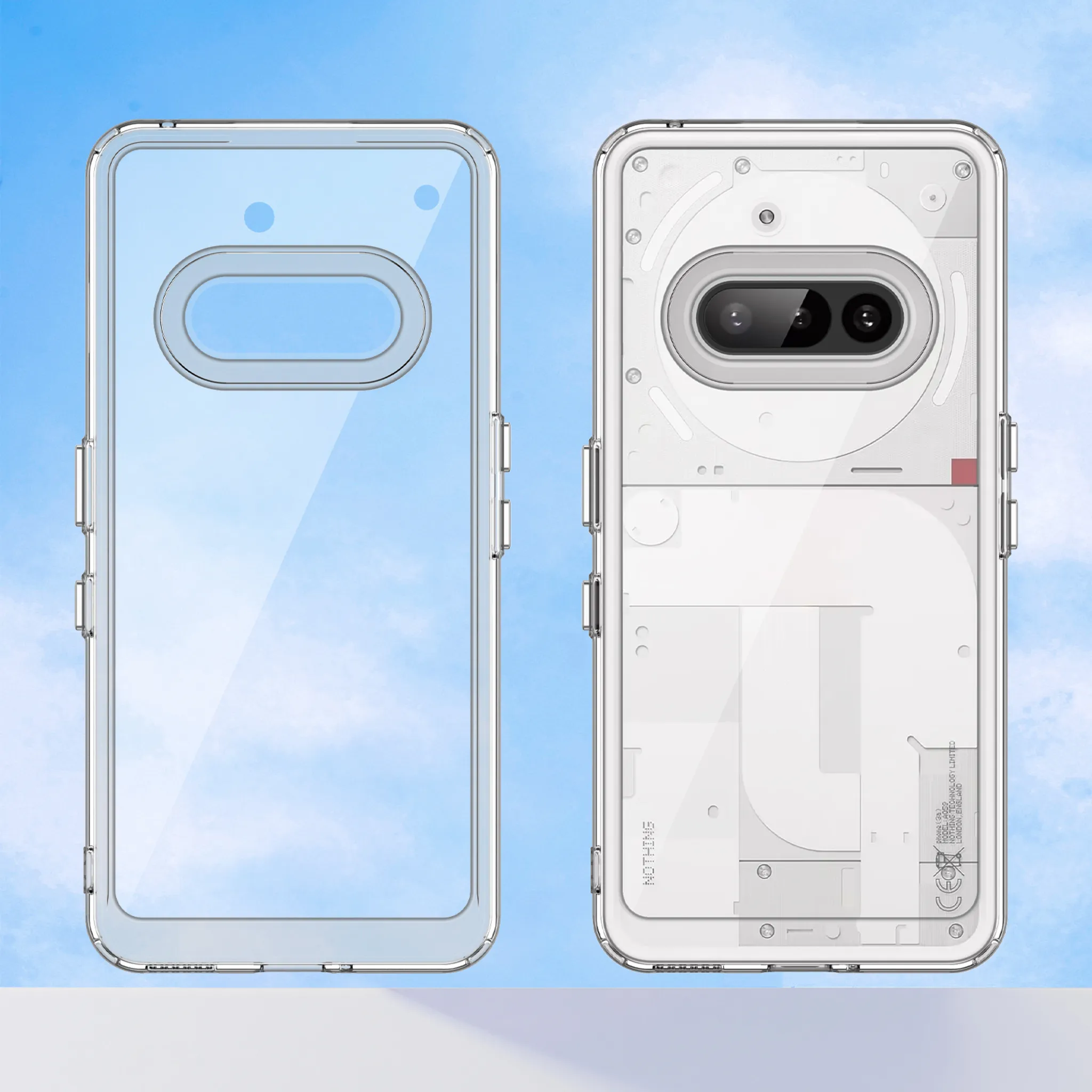 Zwei transparente Handyhüllen, vorne und hinten, auf blauem Himmel. Die hintere Hülle zeigt Telefonkomponenten.