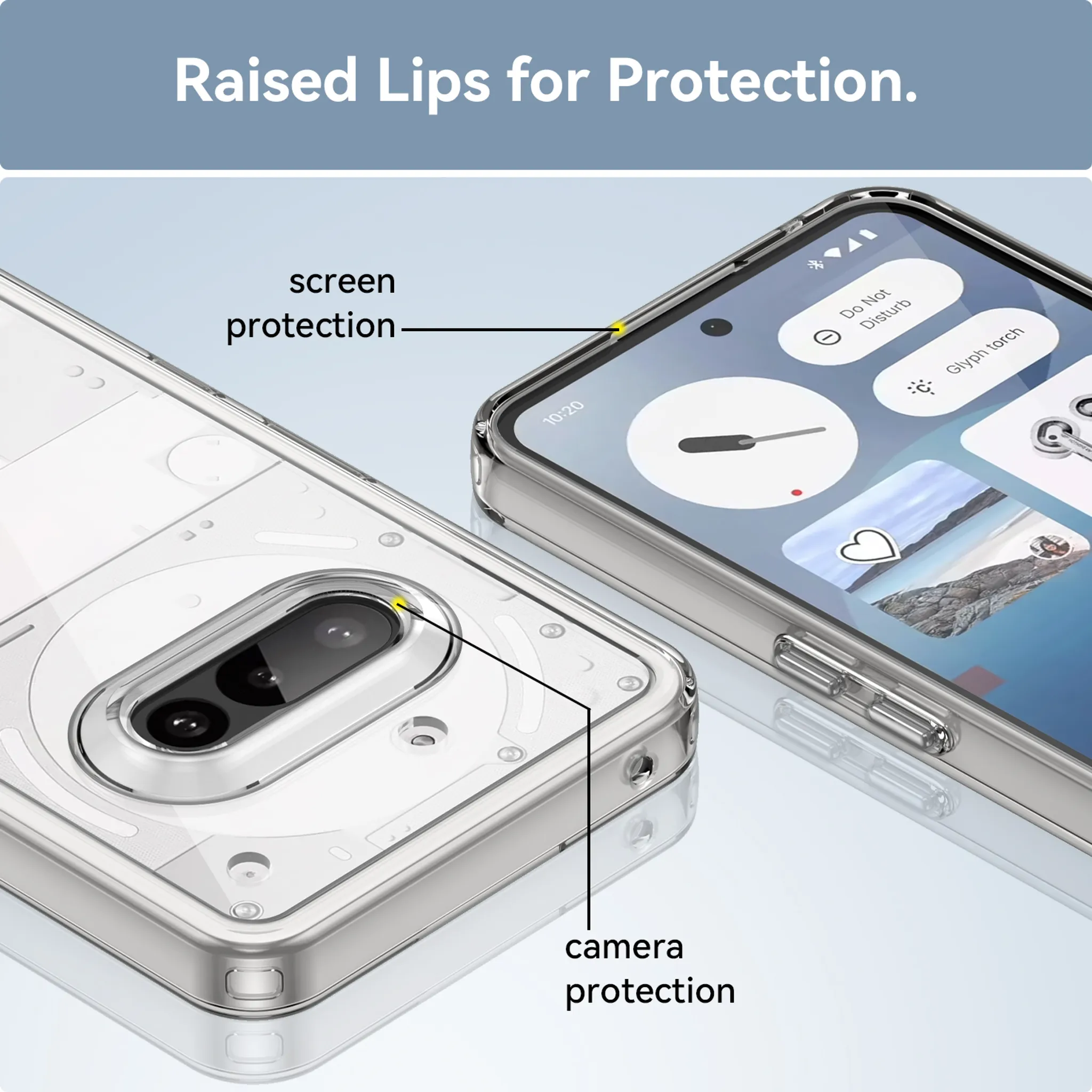 Transparente Handyhülle mit erhöhten Kanten. Bildschirm und Kamera des Telefons sind geschützt. Das Telefon zeigt Uhrzeit und App-Symbole.