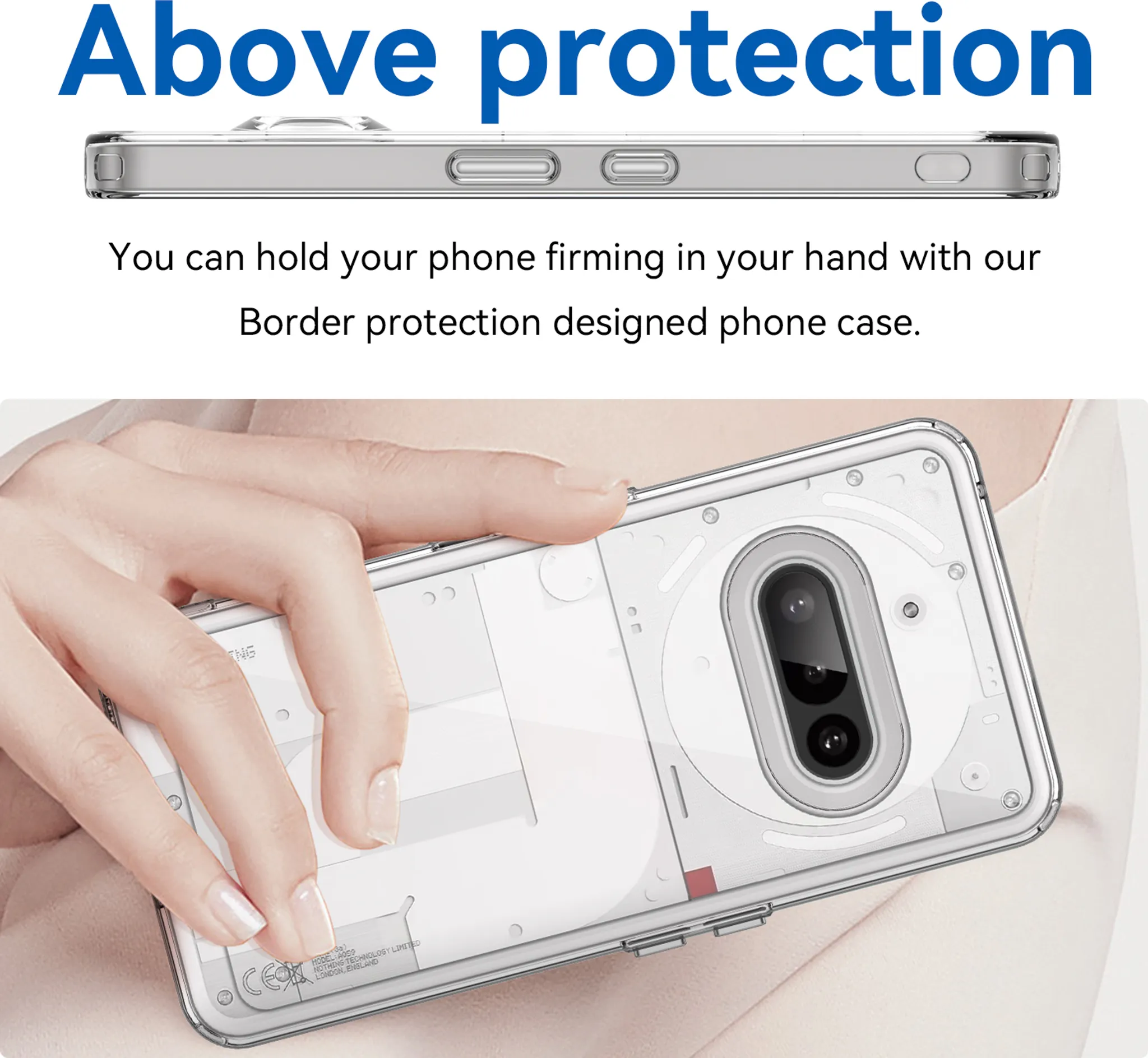 Eine Hand, die eine klare Handyhülle hält. Das Telefon hat eine Kamera und weiße interne Komponenten.