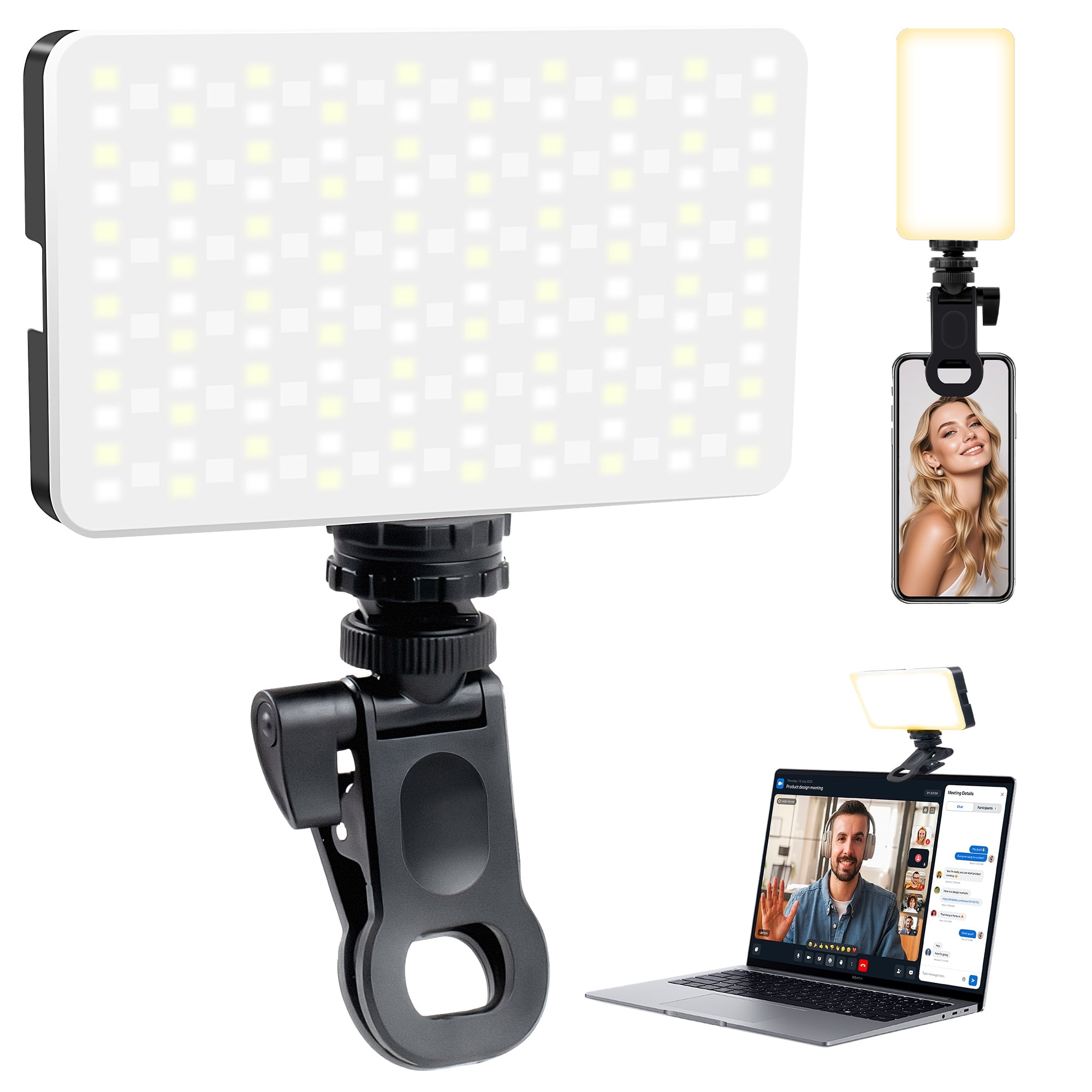 Ein weißes LED-Licht mit Clip wird zusammen mit einem Telefon und einem Laptop gezeigt, an denen jeweils ein kleines Licht befestigt ist.