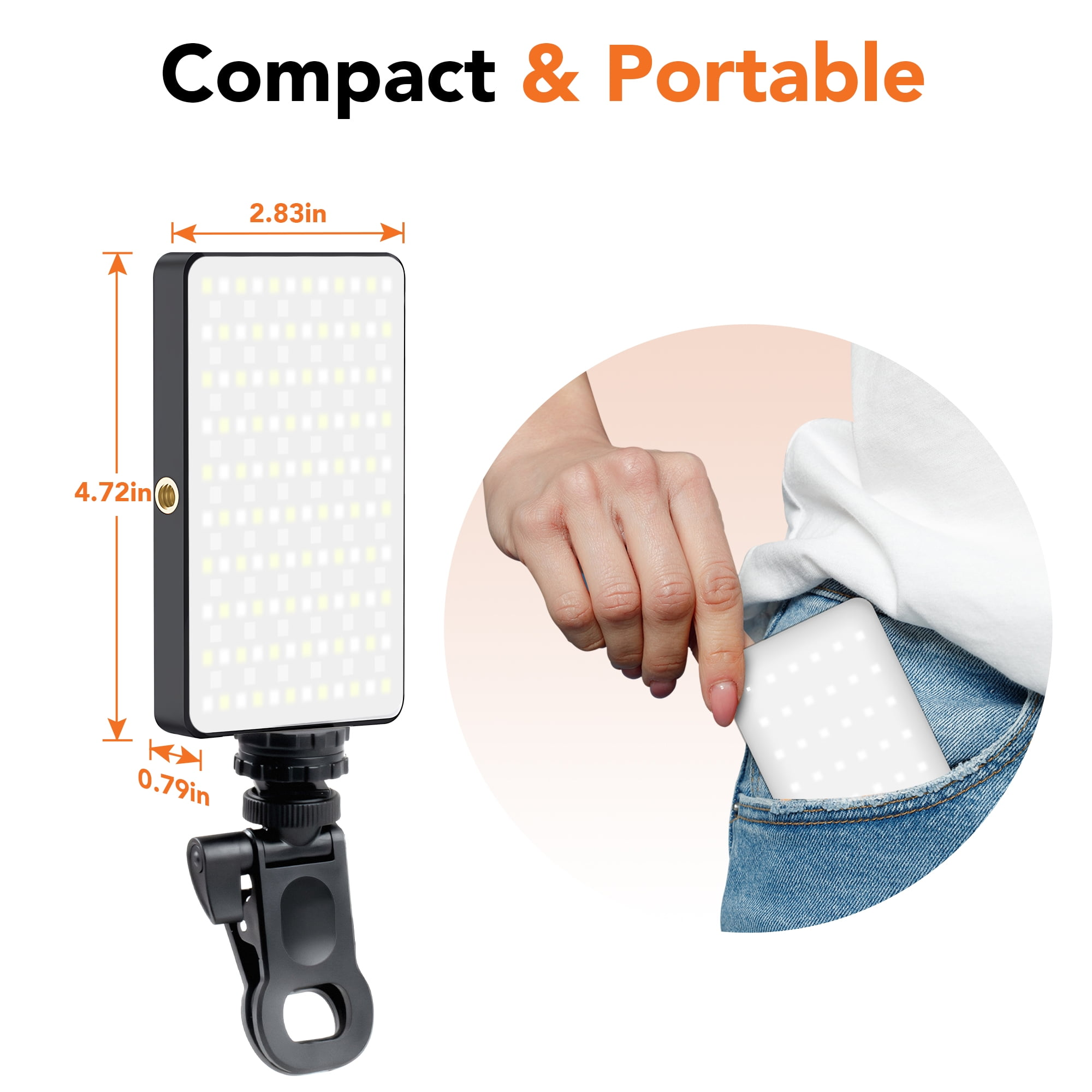 Kompakte LED-Leuchte mit Maßangaben. Eine Hand zieht eine ähnliche Leuchte aus einer Jeans-Tasche. Text lautet 'Kompakt & Tragbar'.
