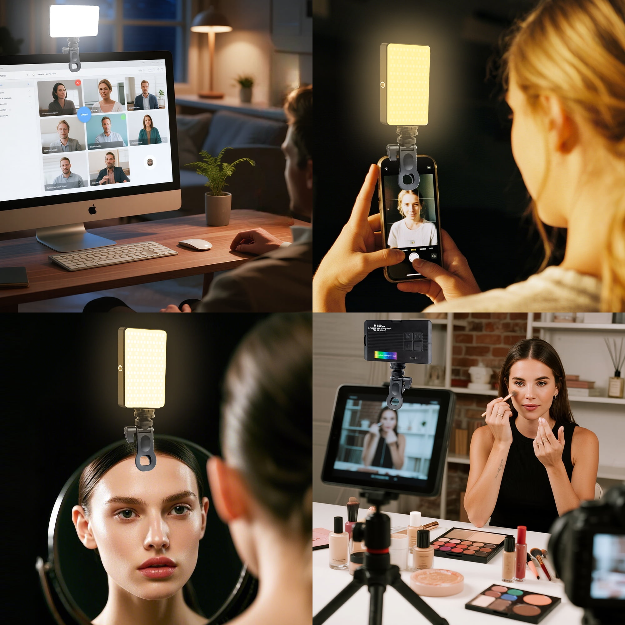Vier-Panel-Bild. Personen verwenden Lichter für Videoanrufe, Selfies und Make-up-Anwendungen, mit verschiedenen Hintergründen.