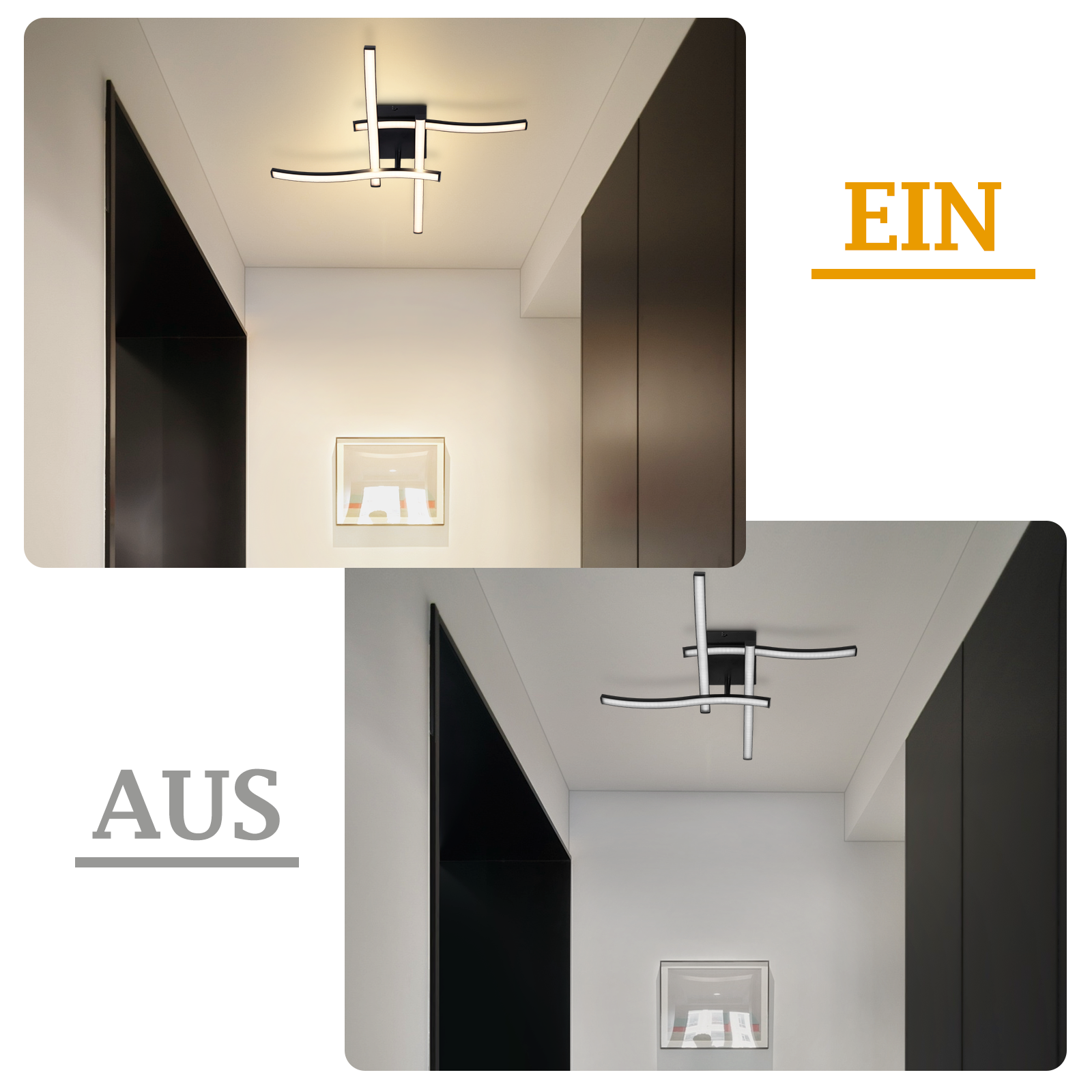 Flur mit moderner Deckenleuchte, gerahmtem Bild und dunklen Wandpaneelen. Die Wände sind weiß.