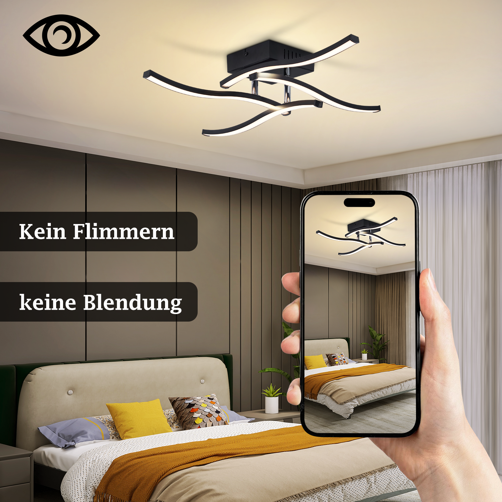 Eine Hand hält ein Telefon, das einen Raum mit einer modernen Leuchte zeigt. Im Vordergrund befindet sich ein Bett mit Text an der Wand.