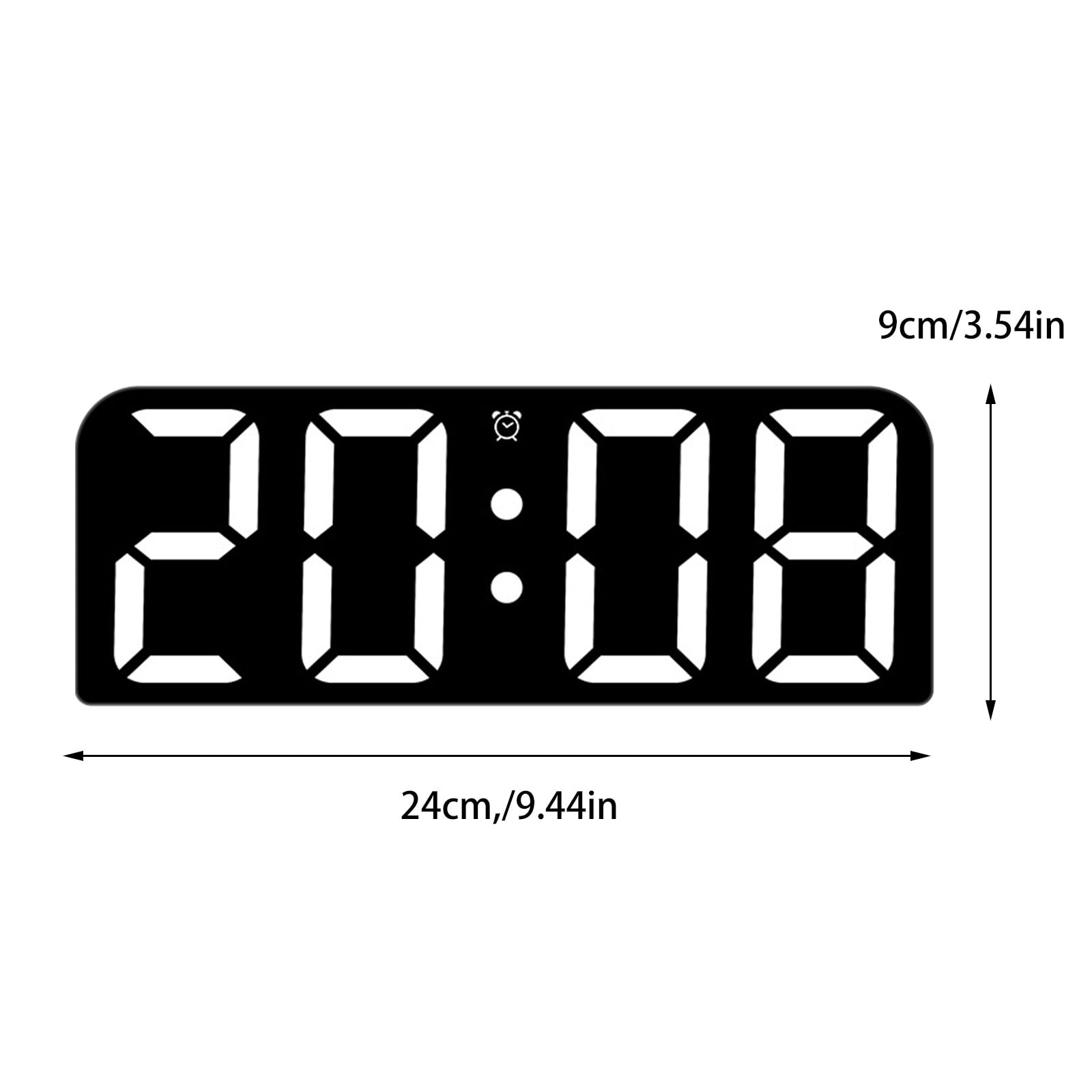 Schwarze Digitaluhr zeigt 20:08 an, mit Alarmsymbol. Abmessungen: 24cm/9.44in breit, 9cm/3.54in hoch.