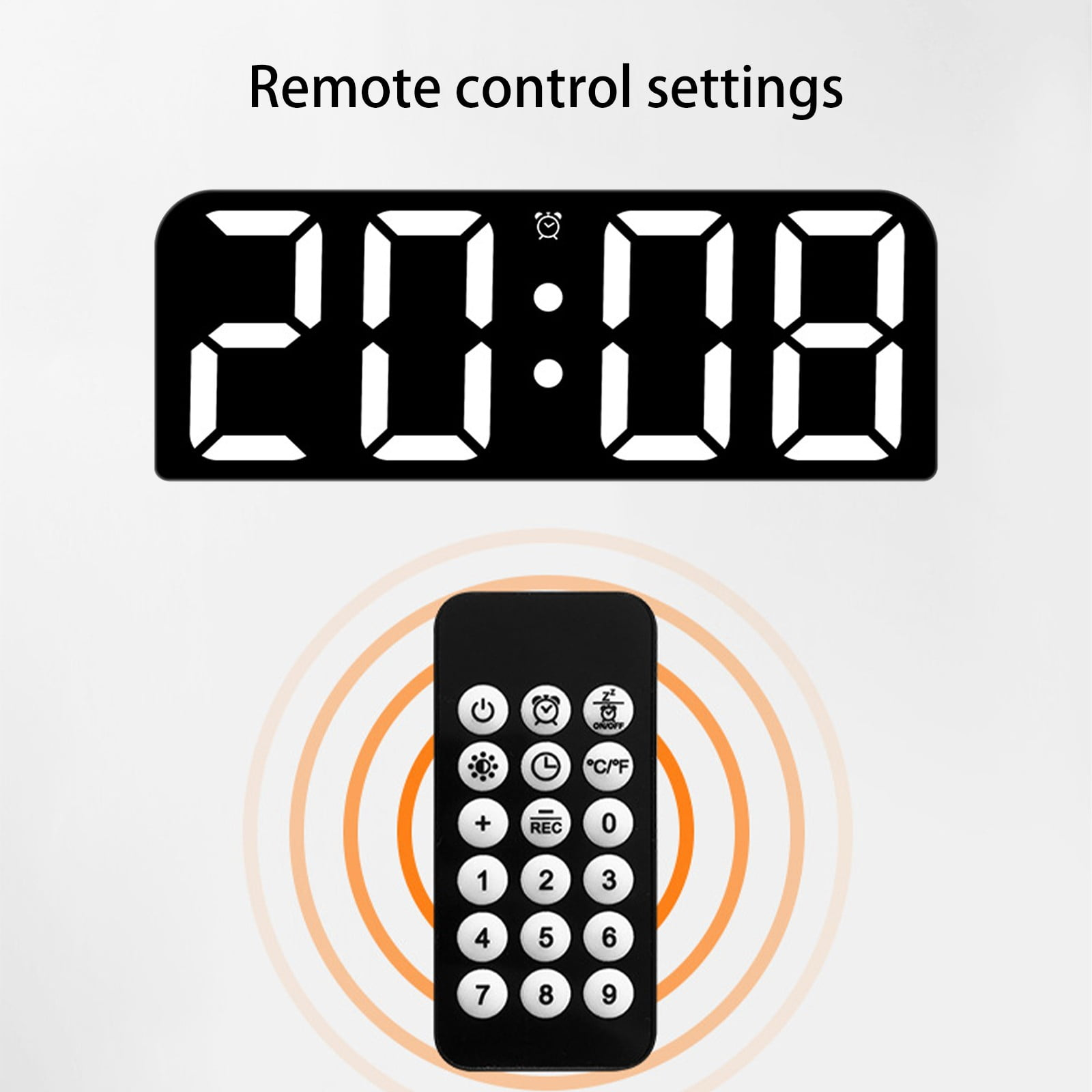 Digitale Uhr zeigt 20:08 an. Unterhalb befindet sich eine schwarze Fernbedienung. Orange konzentrische Kreise umgeben die Fernbedienung.
