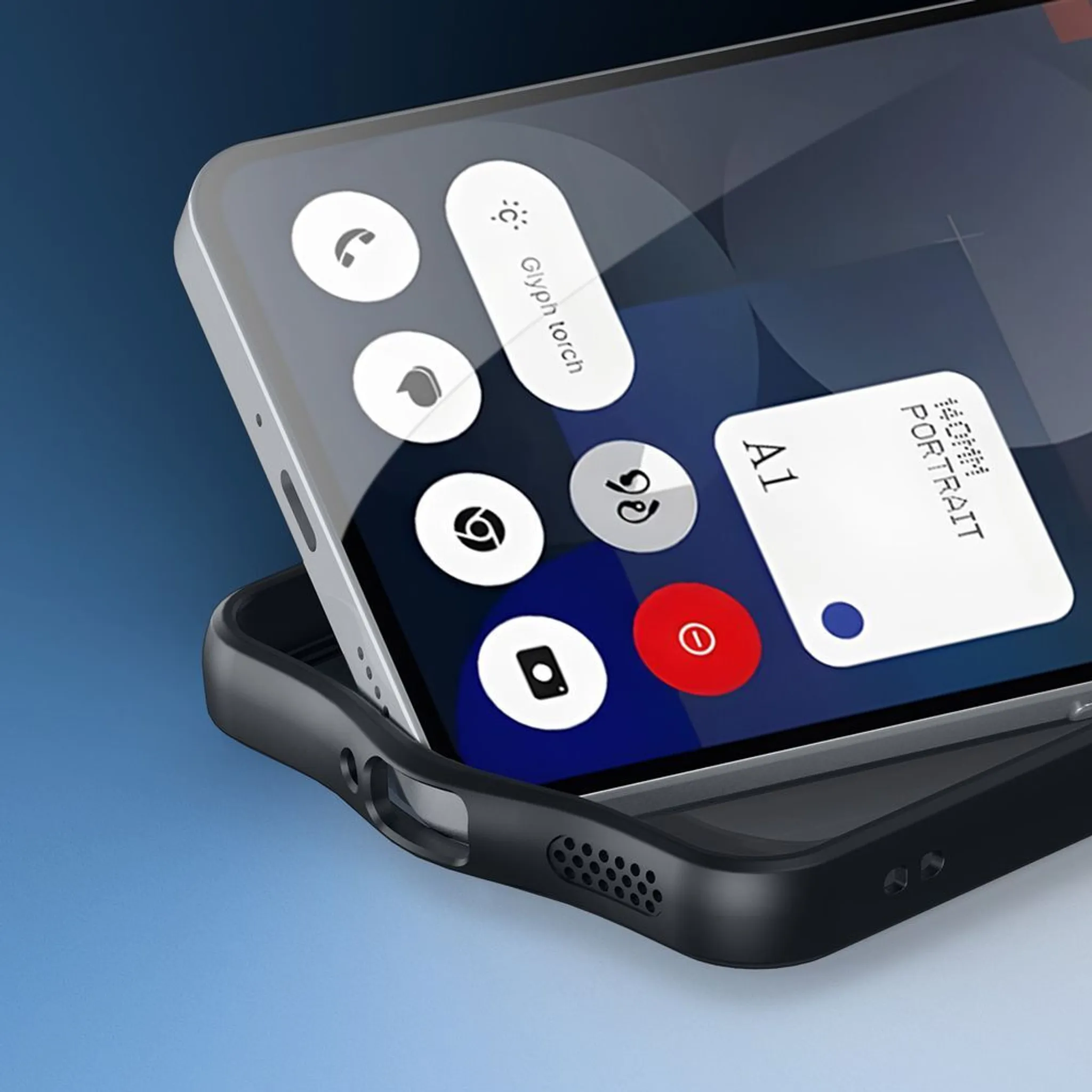 Smartphone-Bildschirm mit Symbolen und Einstellungen in einer schwarzen Hülle. Weiße, blaue und rote Kreise.