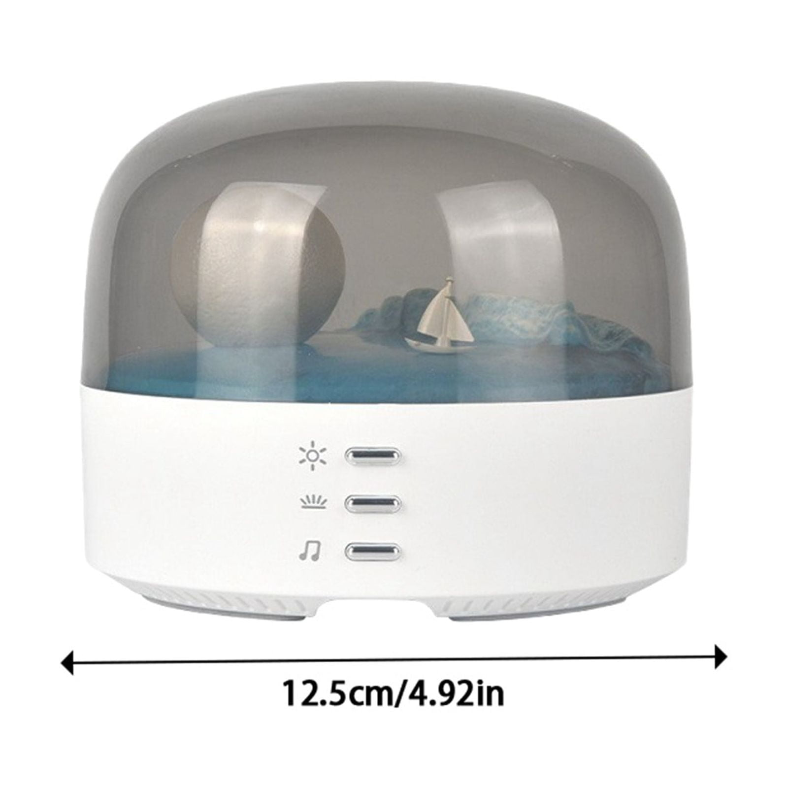 Eine dekorative Lampe mit Boot, Kugel und Knöpfen. Sie hat eine graue Kuppel, einen blauen Sockel und einen weißen Boden.