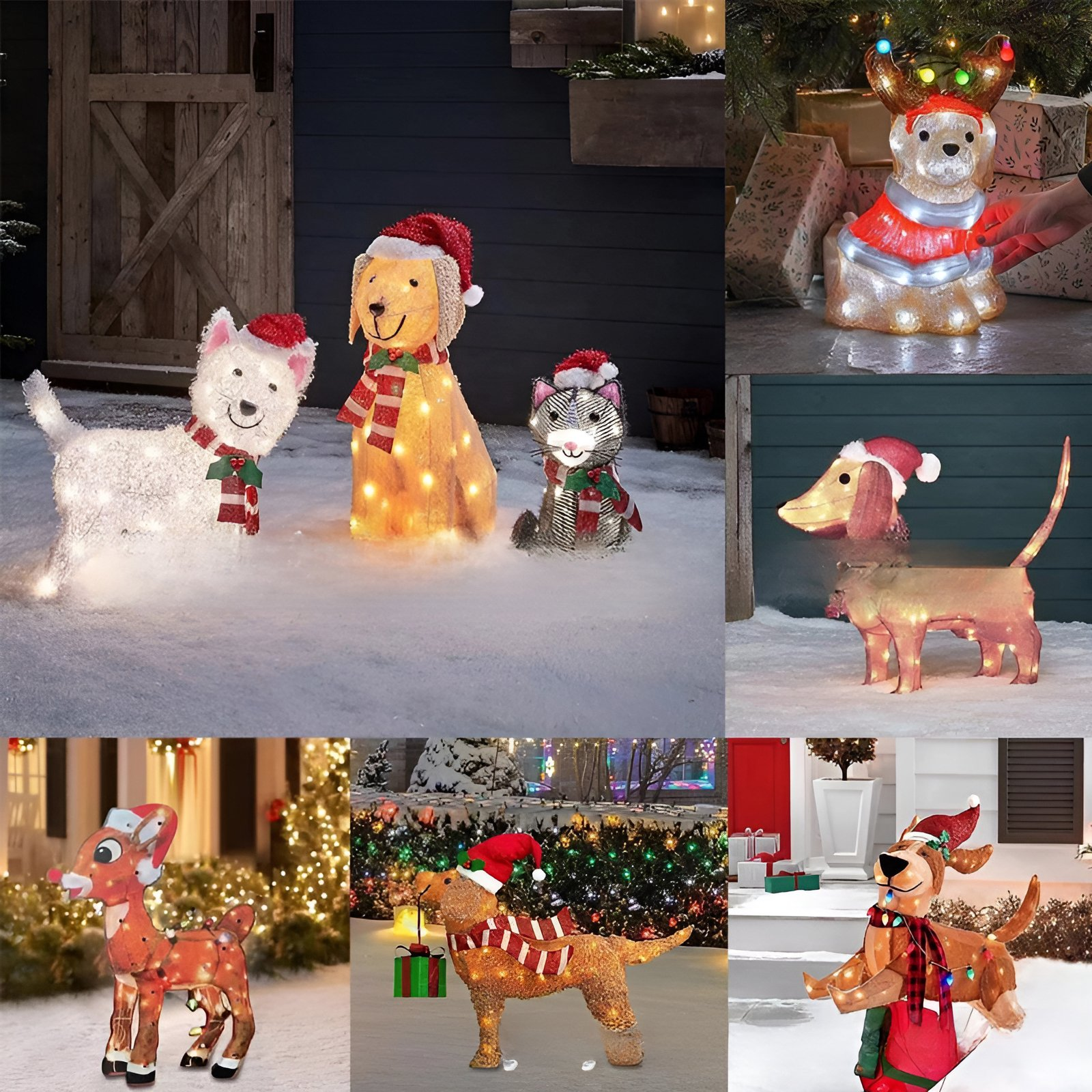 Weihnachtsdekorationen aus beleuchteten Hunden, Katze und Rentier mit Weihnachtsmützen und Schals im Schnee. Der Hintergrund umfasst eine Tür und Lichter.
