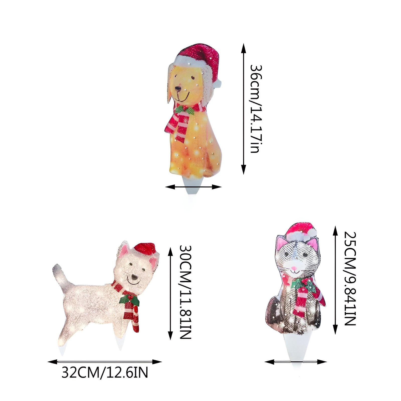 Drei Weihnachts-Leuchtfiguren: Hund, Hund und Katze, alle mit Weihnachtsmützen und Schals auf weißem Hintergrund.