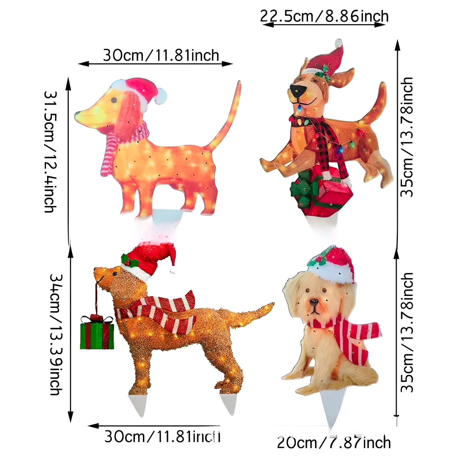 Vier beleuchtete Hunde-Dekorationen mit Weihnachtsmützen und Schals. Jeder Hund hat ein anderes Design und eine andere Pose.