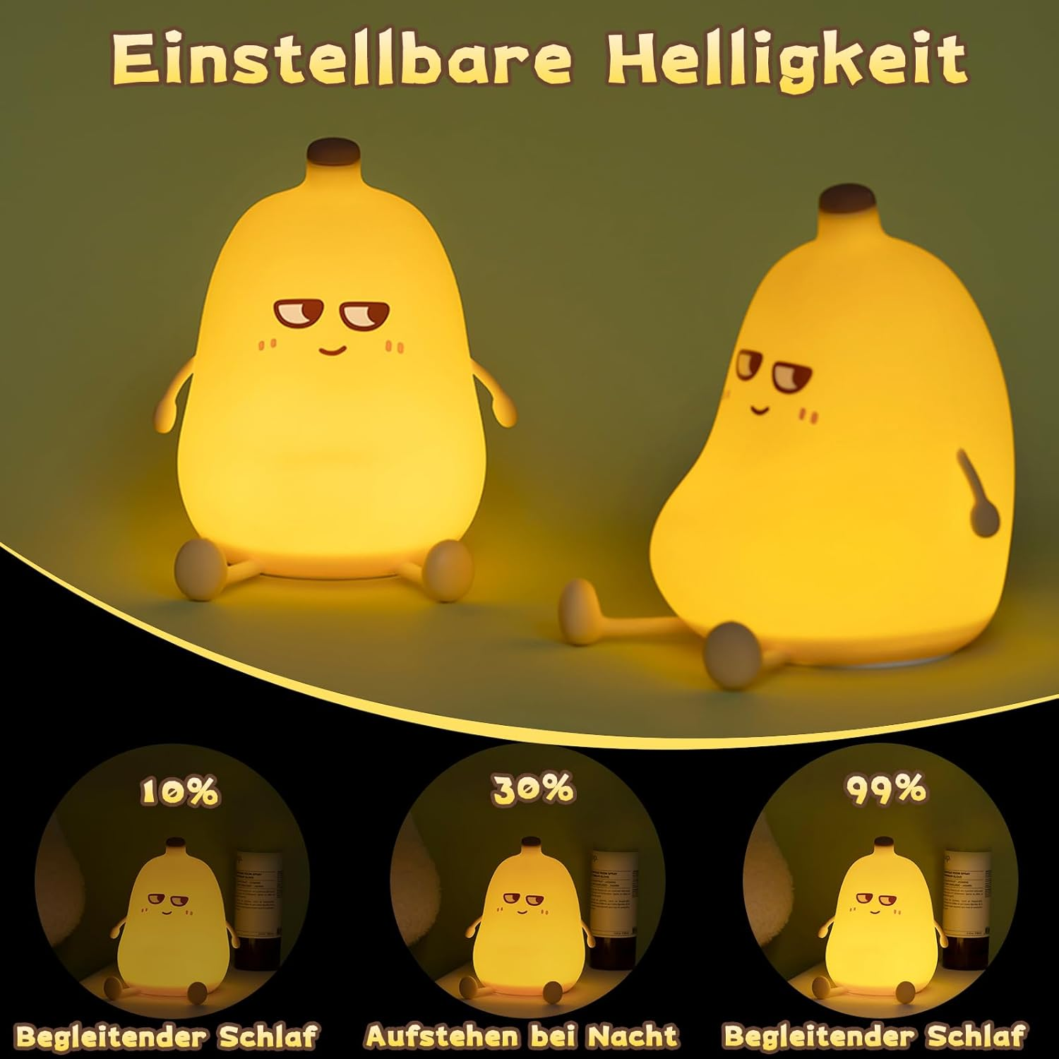 Gelbes, bananenförmiges Nachtlicht mit einstellbaren Helligkeitseinstellungen: 10 %, 30 % und 99 %.