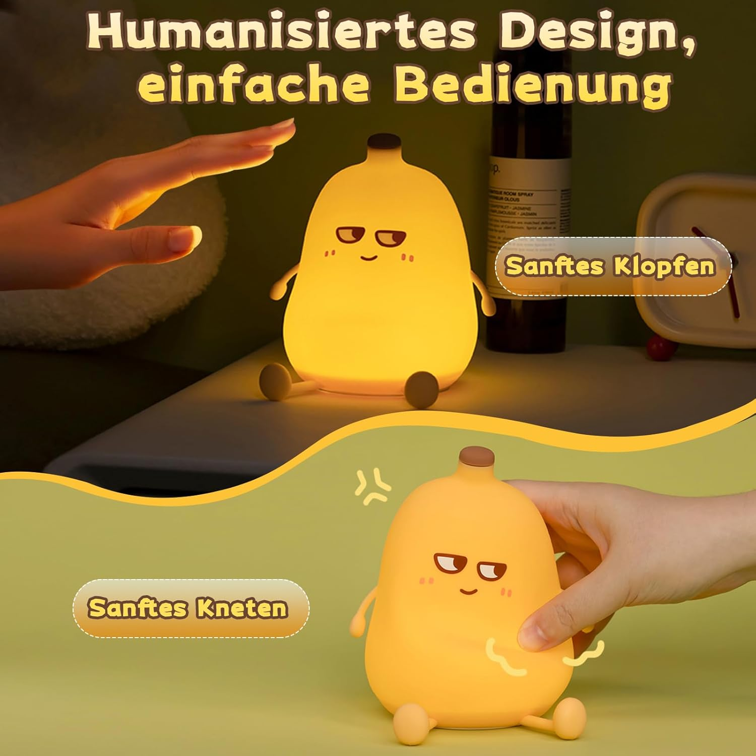 Eine gelbe, birnenförmige Lampe mit Gesicht. Hände interagieren mit der Lampe. Text auf Deutsch: 'Humanisiertes Design, einfache Bedienung'.