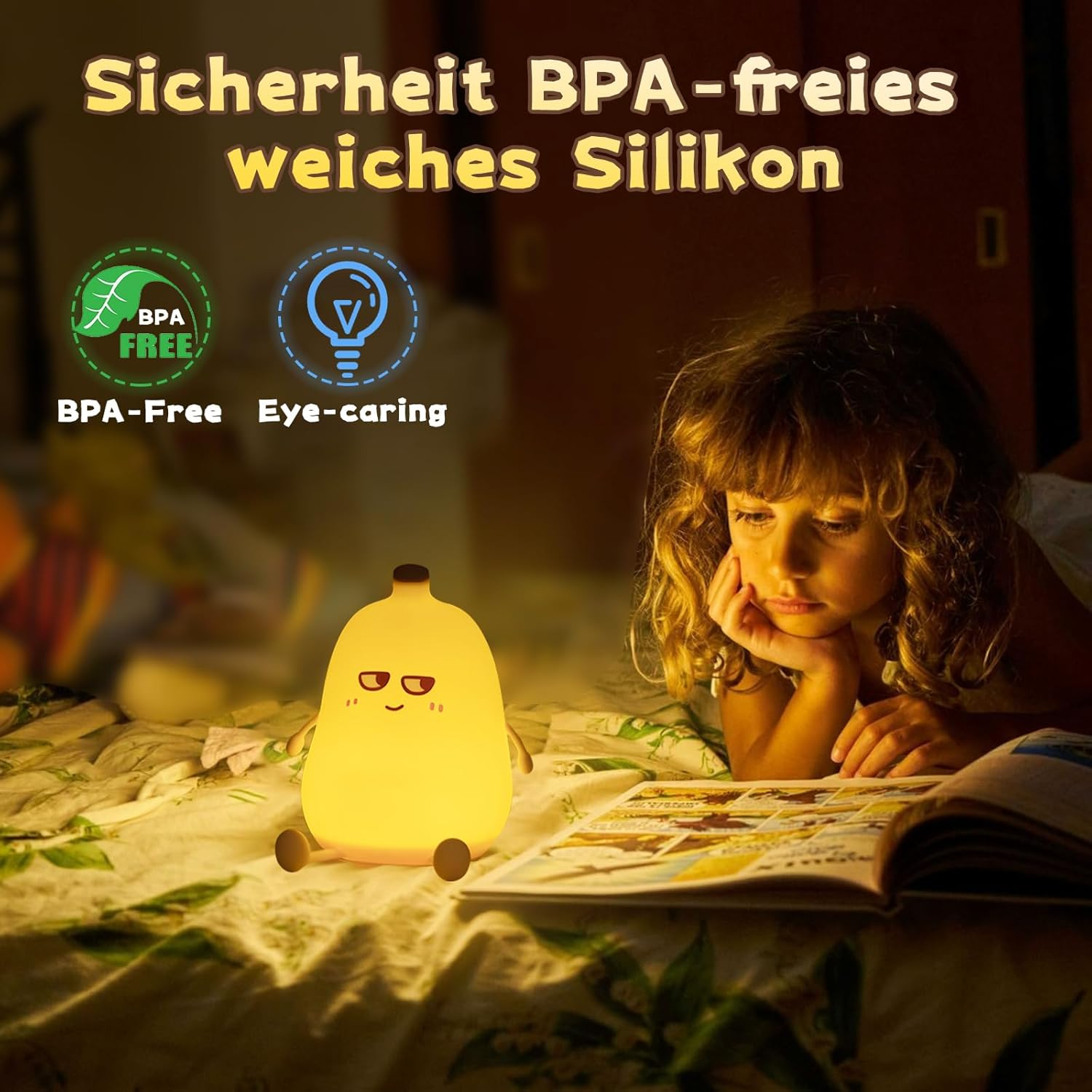 Ein Mädchen liest im Bett ein Buch, beleuchtet von einer gelben, cartoonartigen Lampe. Die Lampe hat die Form einer Frucht.