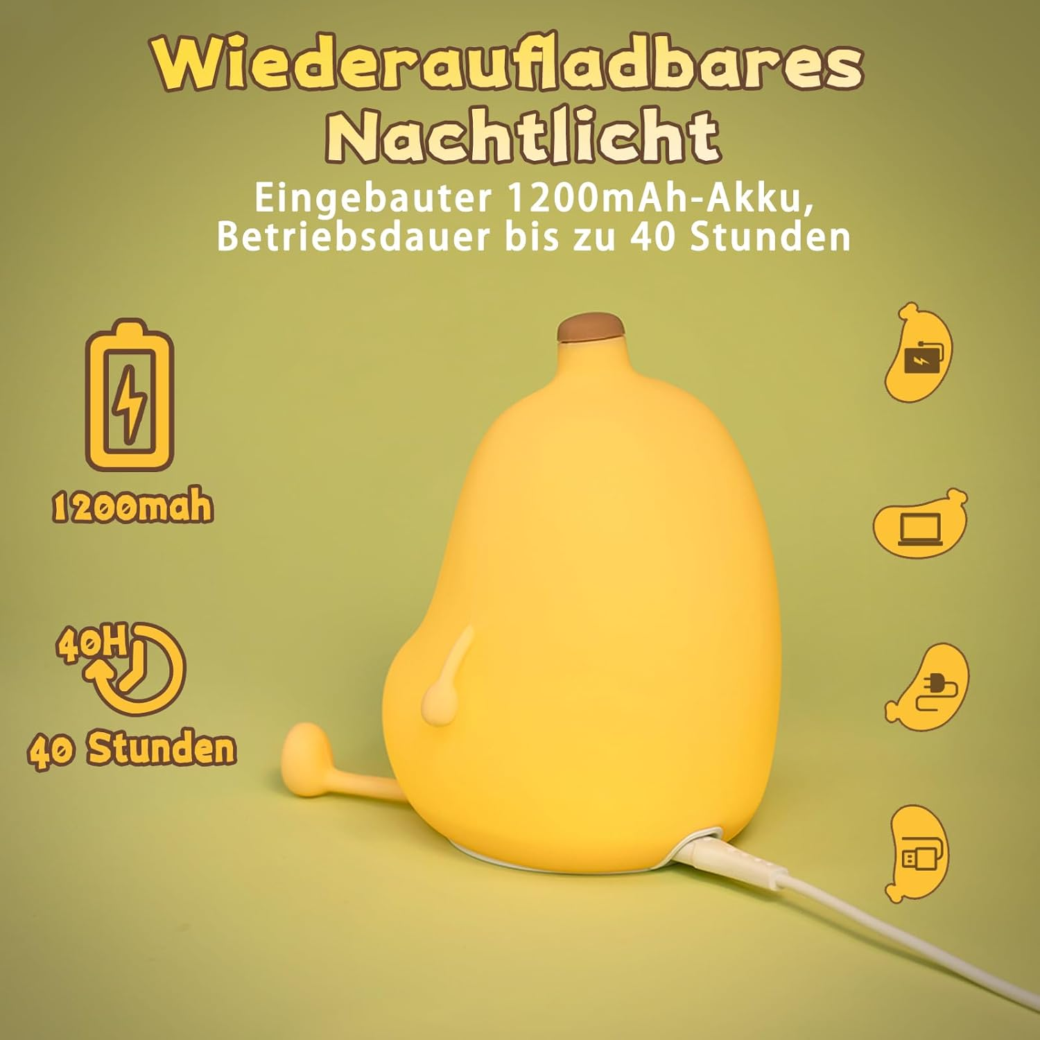 Ein gelbes Nachtlicht mit Text, der seine Eigenschaften beschreibt: 1200mAh Akku, 40 Stunden Laufzeit. Enthält Symbole und deutschen Text.