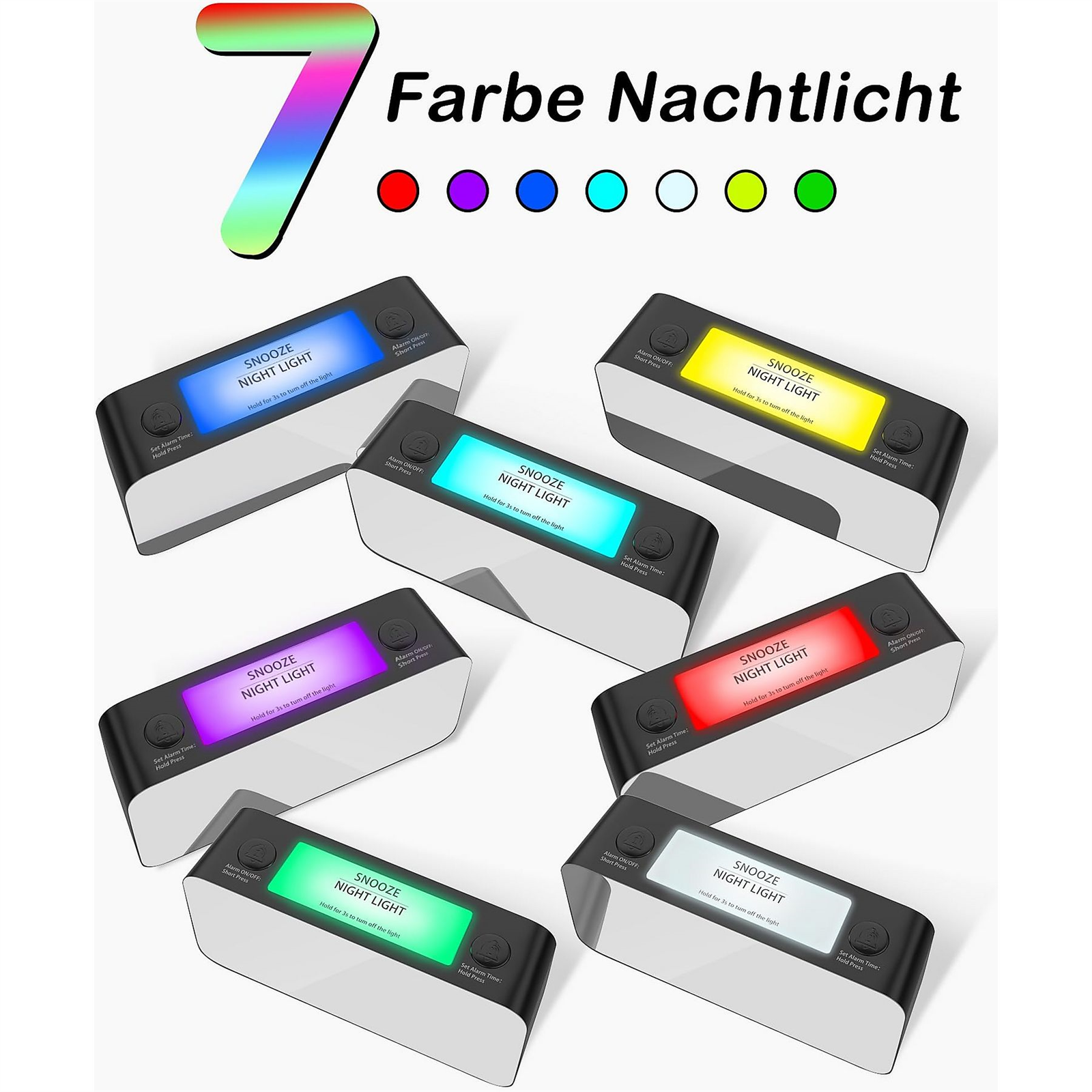 Das Bild zeigt 7 Nachtlichter in verschiedenen Farben. Jedes hat ein Display mit den Worten 'SNOOZE NIGHT LIGHT'.