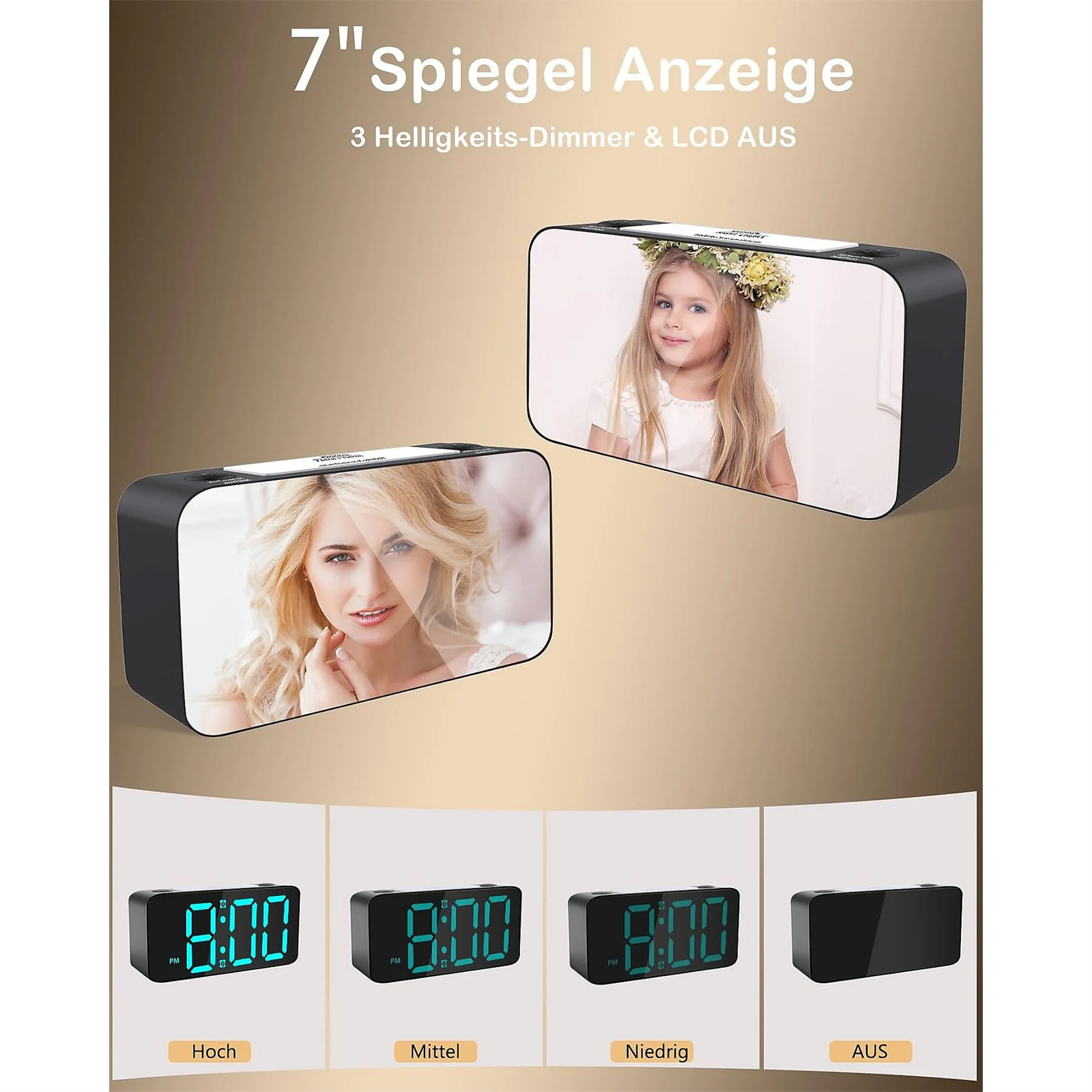 Das Bild zeigt eine Digitaluhr mit Zeitanzeige und zwei Spiegel mit Fotos einer Frau und eines Mädchens.