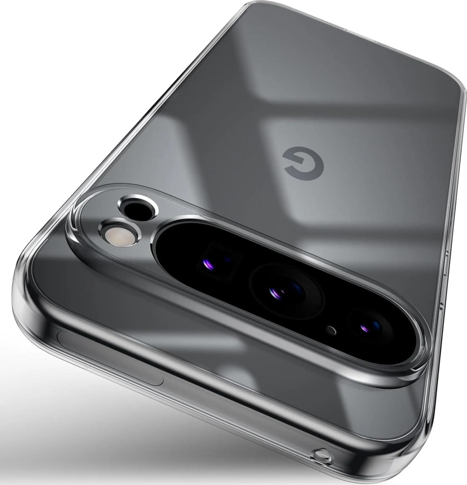 Eine transparente Handyhülle über einem Smartphone, das die Kameralinsen und das Google-Logo zeigt.