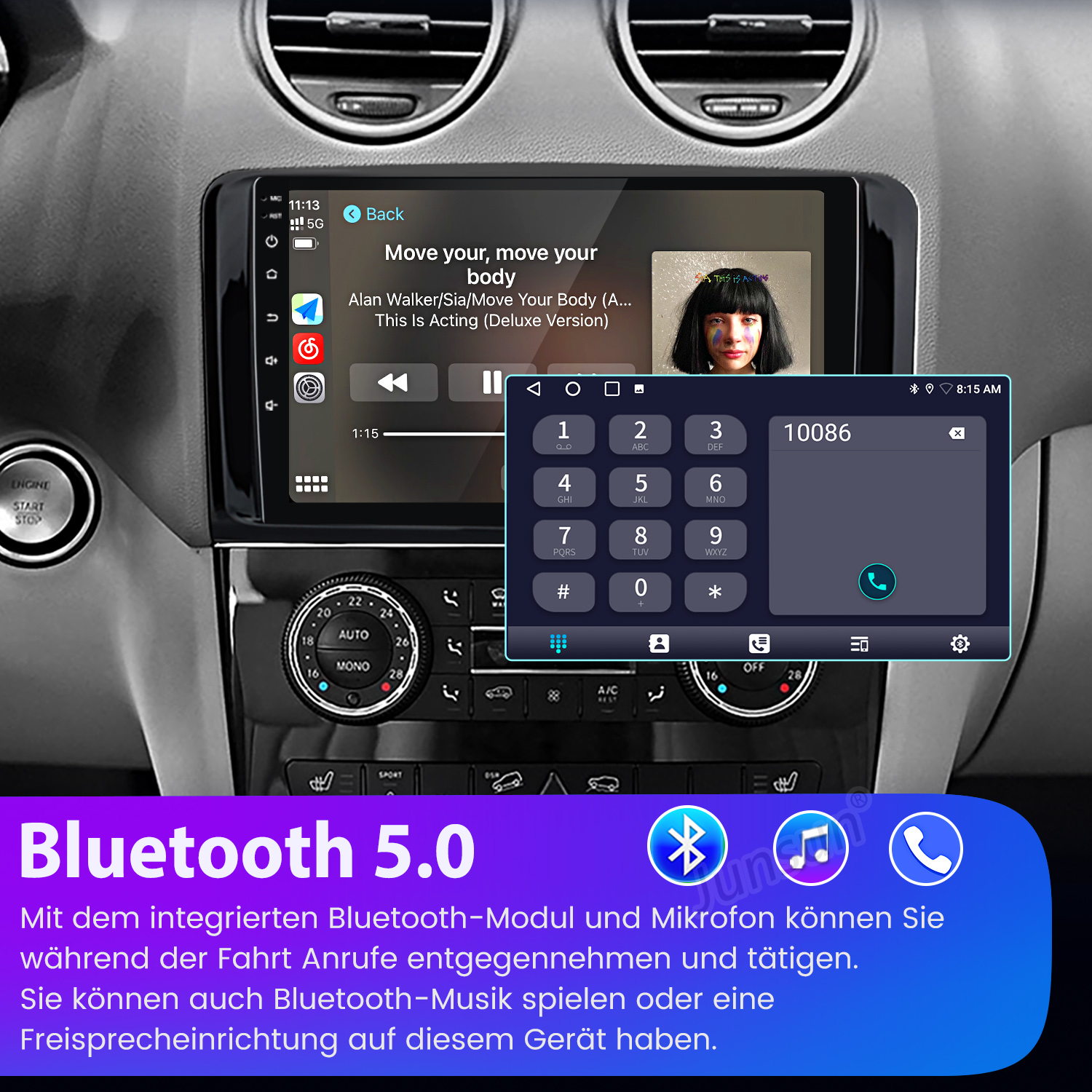 Autoradio-Bildschirm mit Wählgerät und Musiksteuerung, darunter Bluetooth 5.0-Details.