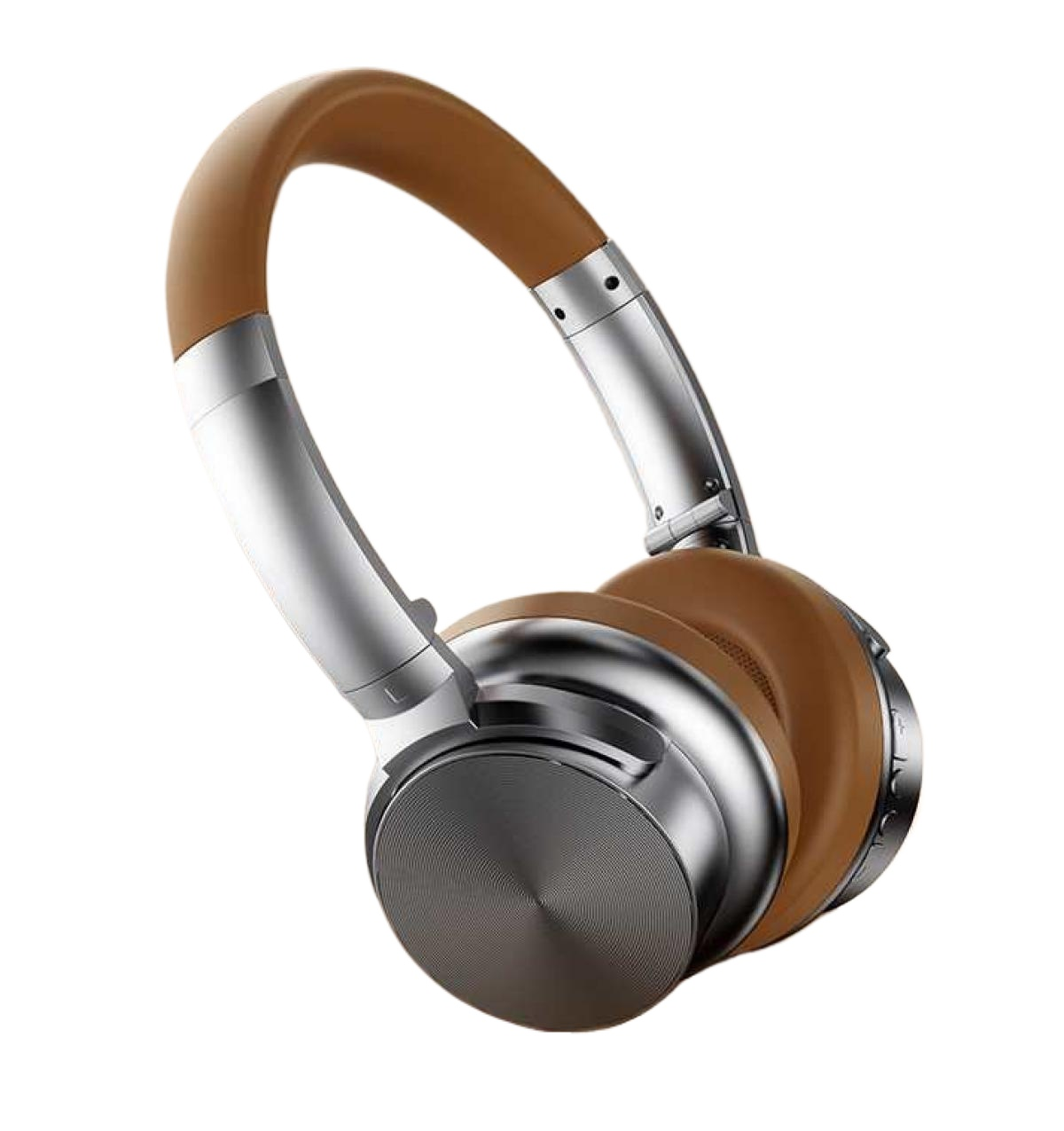 Over-Ear-Kopfhörer mit braunen Ohrmuscheln und Stirnband, silberfarbener Metallrahmen. Isoliert auf weißem Hintergrund. Schrägaufnahme.