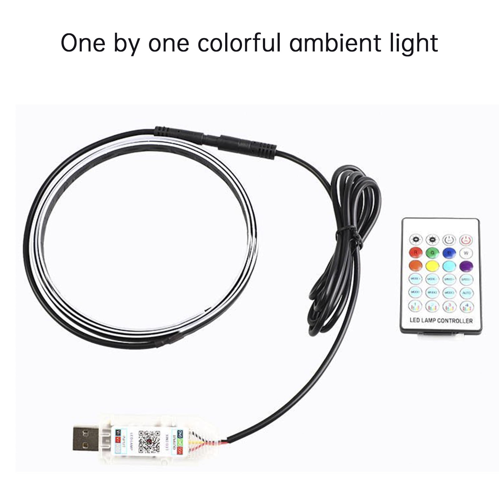 Ein kreisförmiger LED-Lichtstreifen mit Fernbedienung und USB-Anschluss. Die Fernbedienung hat Farbtasten.