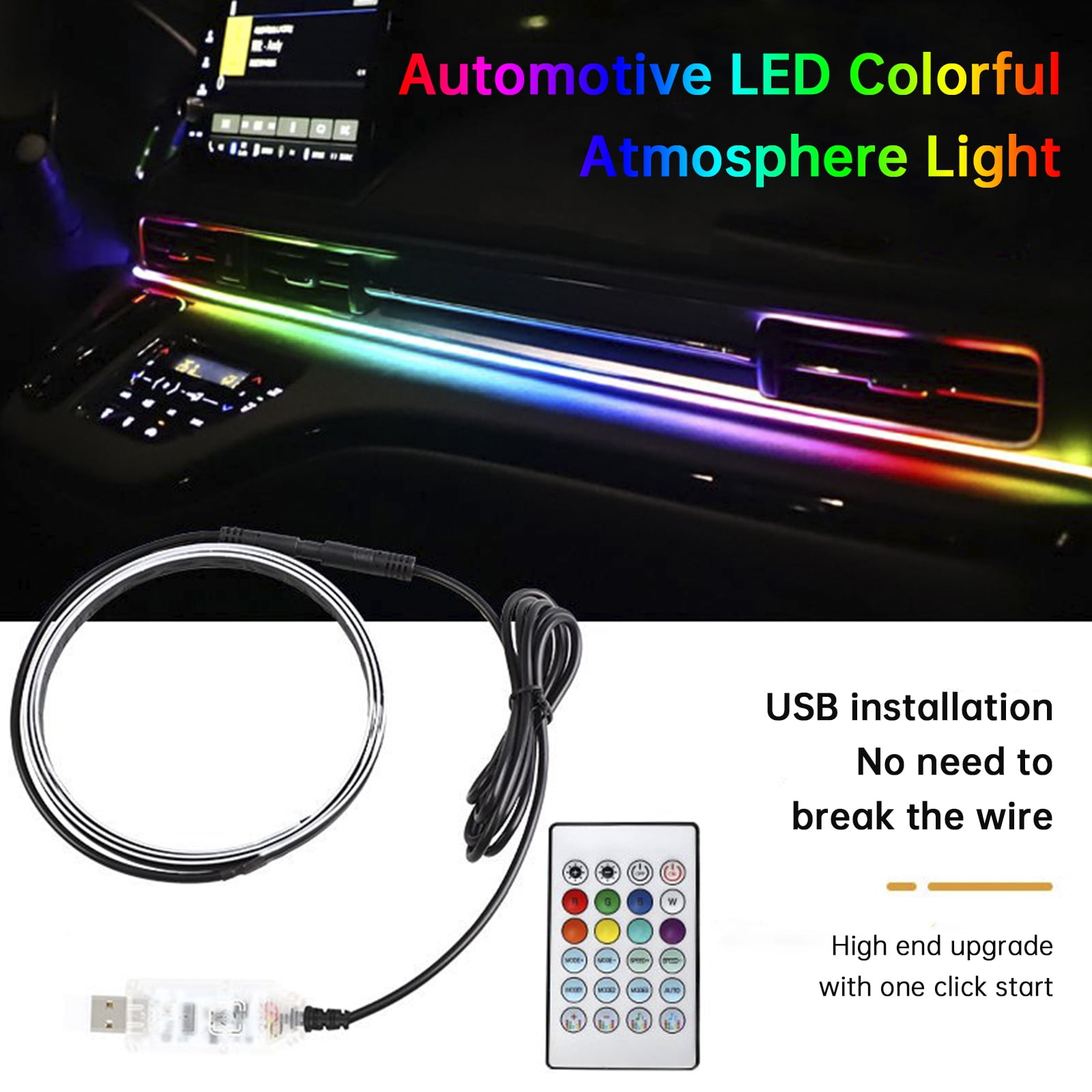 Autoinnenraum mit bunten LED-Leuchten. Fernbedienung und USB-Kabel sind sichtbar. Text sagt 'Automotive LED Colorful Atmosphere Light'.