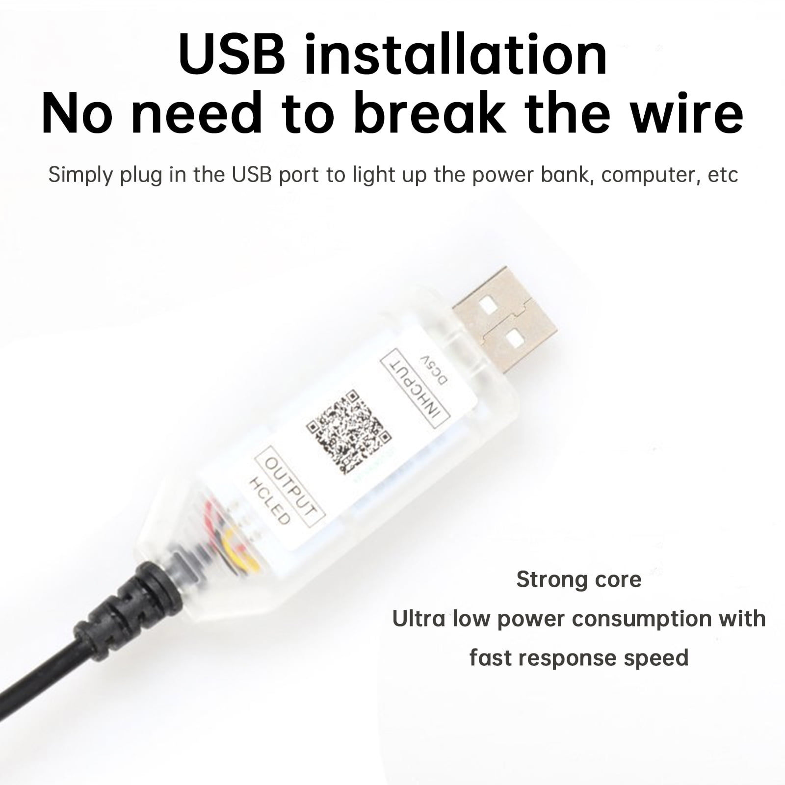 Ein USB-Kabel mit einem weißen Kunststoffgehäuse und einem USB-Anschluss wird gezeigt. Text sagt: USB-Installation, keine Notwendigkeit, den Draht zu durchbrechen.