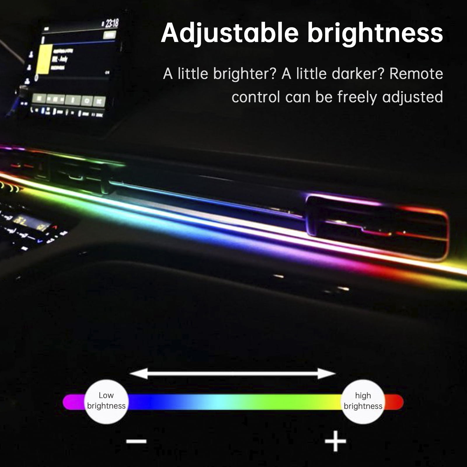 Autoinnenraum mit einstellbarer Helligkeit. Ein Bedienfeld mit farbigem Lichtstreifen und Helligkeitsskala.