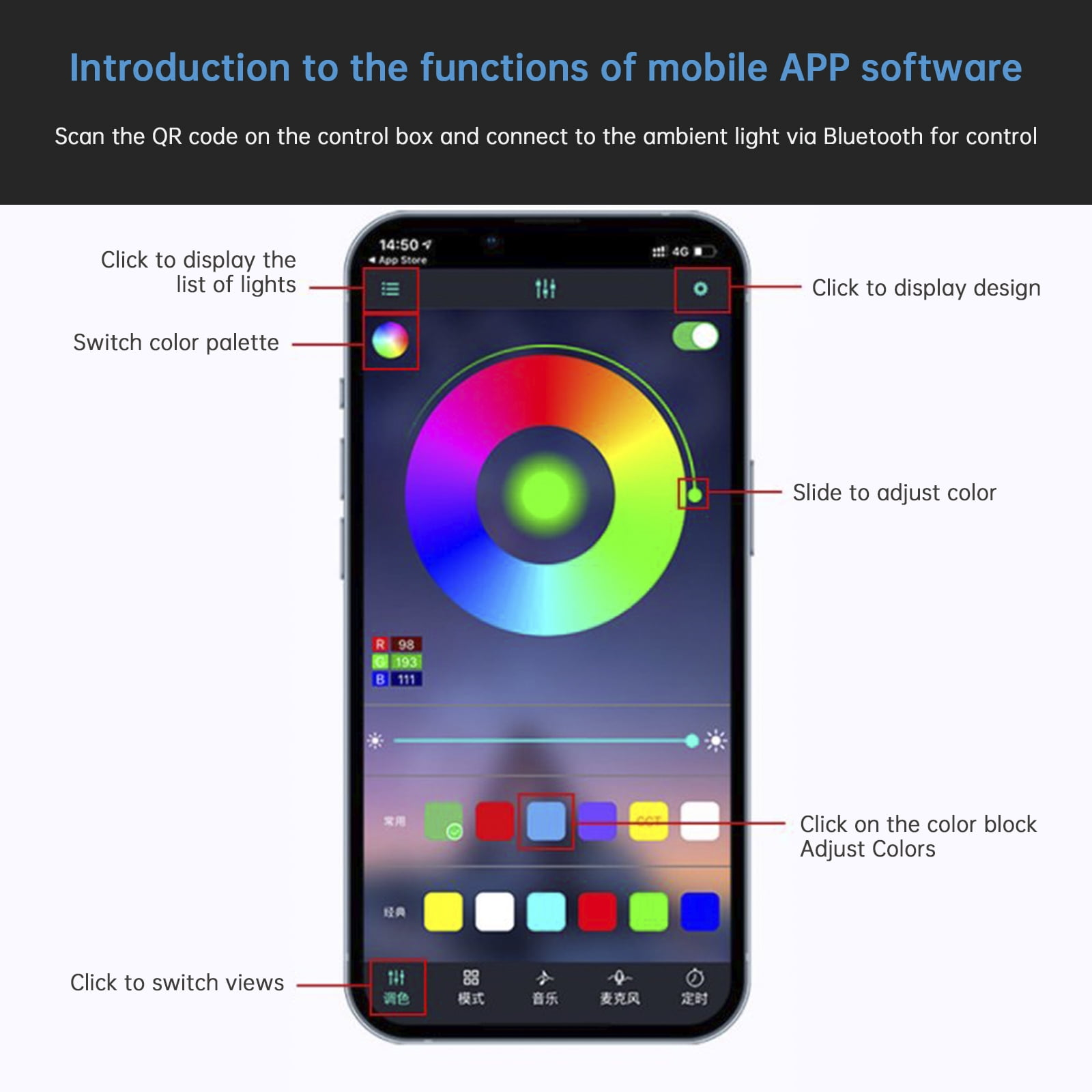 Smartphone-Bildschirm mit einer Farbpaltetten-App-Oberfläche. Steuerung für Farbauswahl, Lichtsteuerung und Designoptionen.