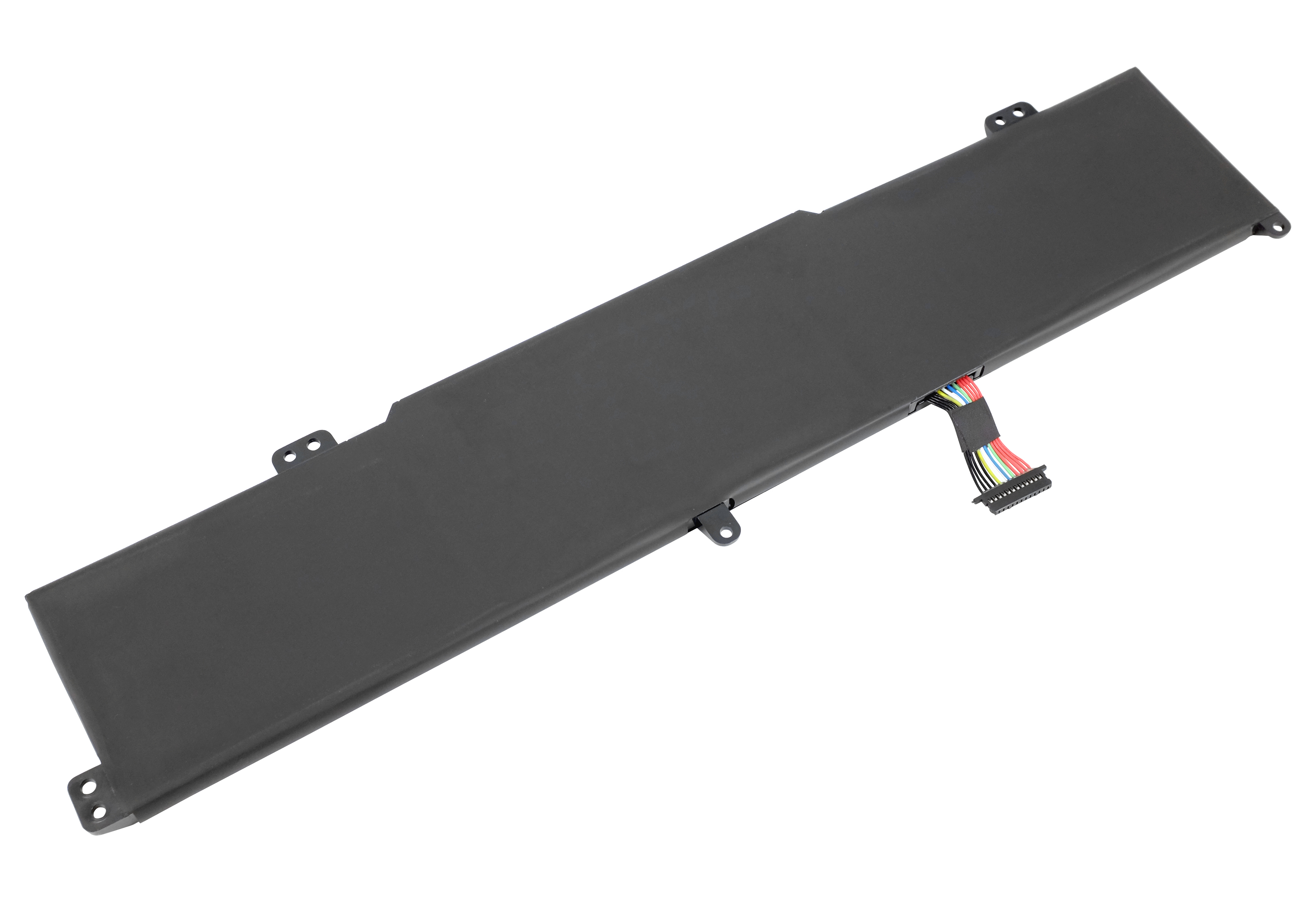 Una batteria per laptop su sfondo bianco. È nera, rettangolare, con filo e connettore.