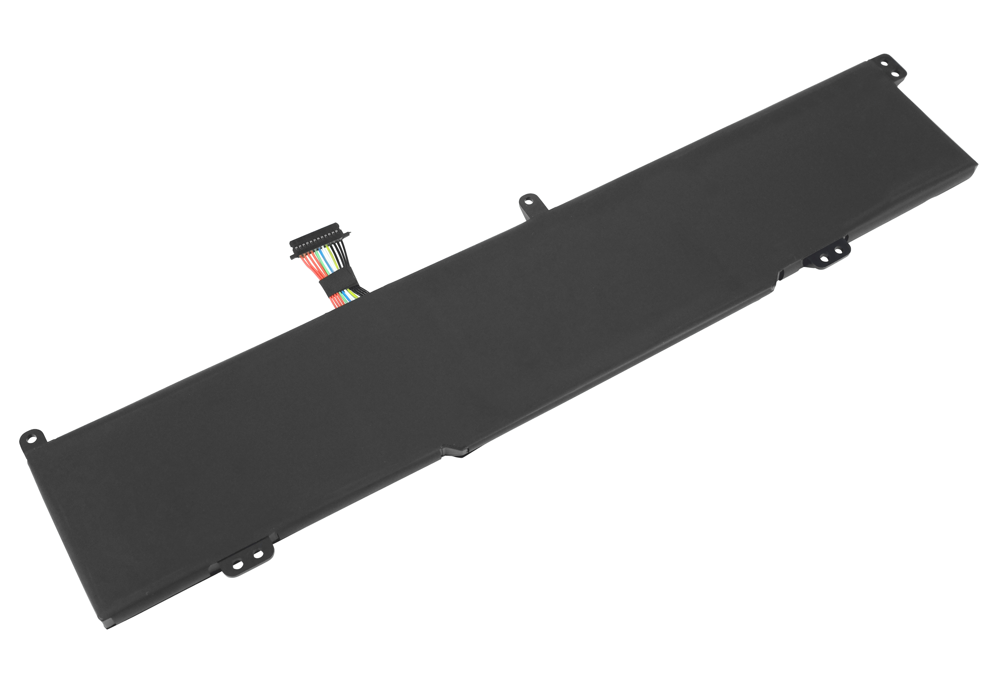 Una batteria nera per laptop con un connettore per cavi multicolore. È su sfondo bianco.