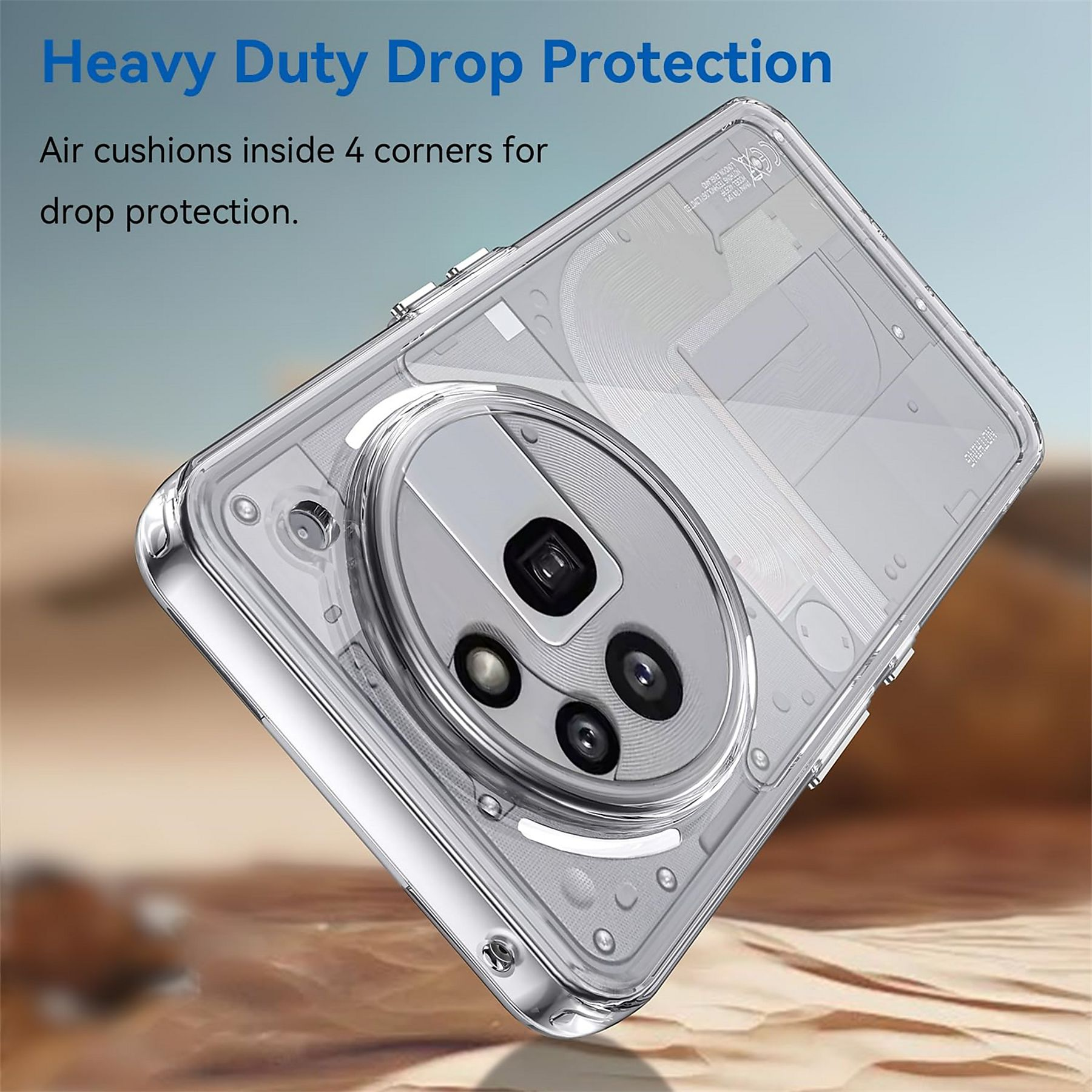 Transparente Handyhülle mit Kameradetail. Der Text lautet 'Heavy Duty Drop Protection'. Die Hülle hat Luftkissen.