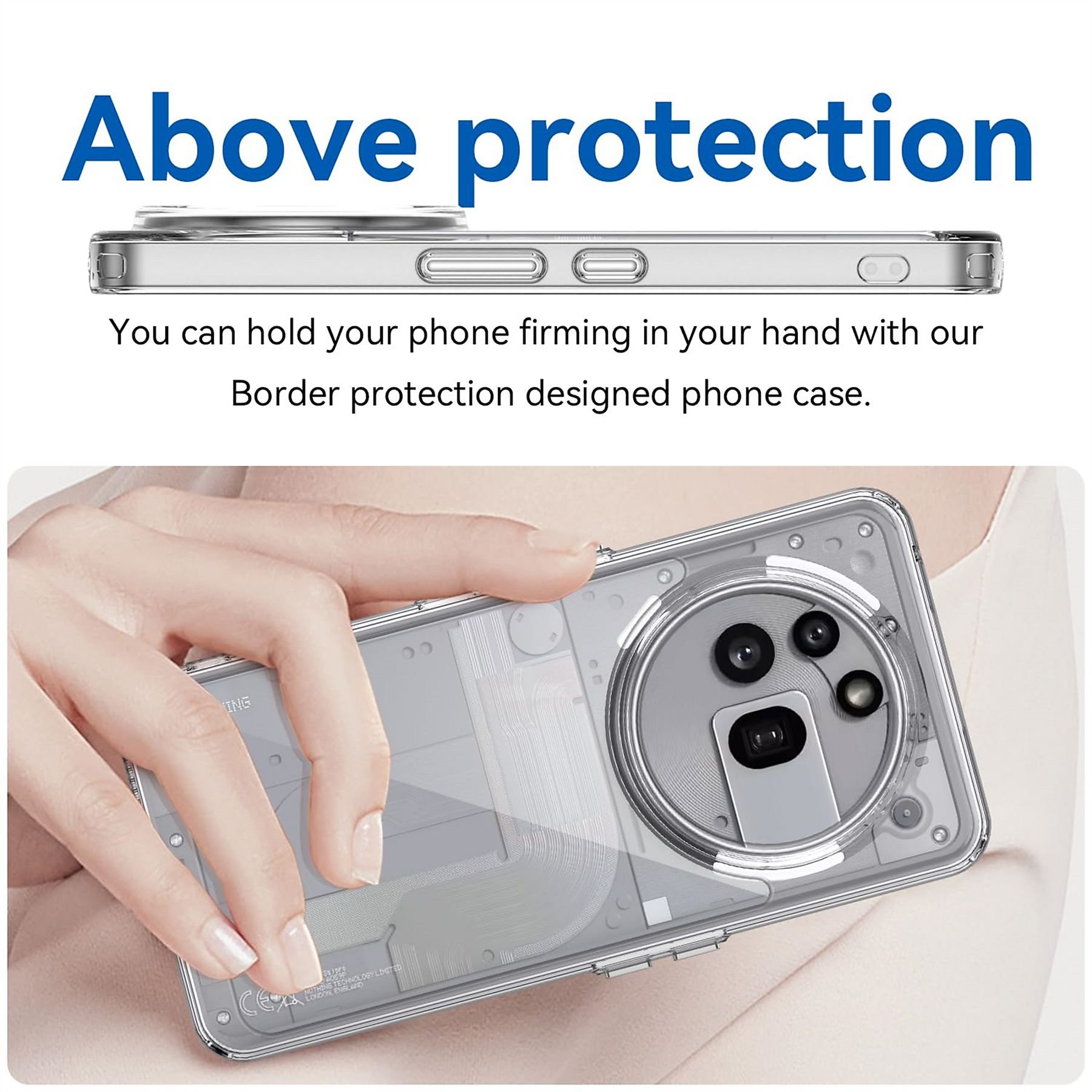 Eine Hand, die eine klare Handyhülle über einem Telefon hält. Oben steht: Above protection.