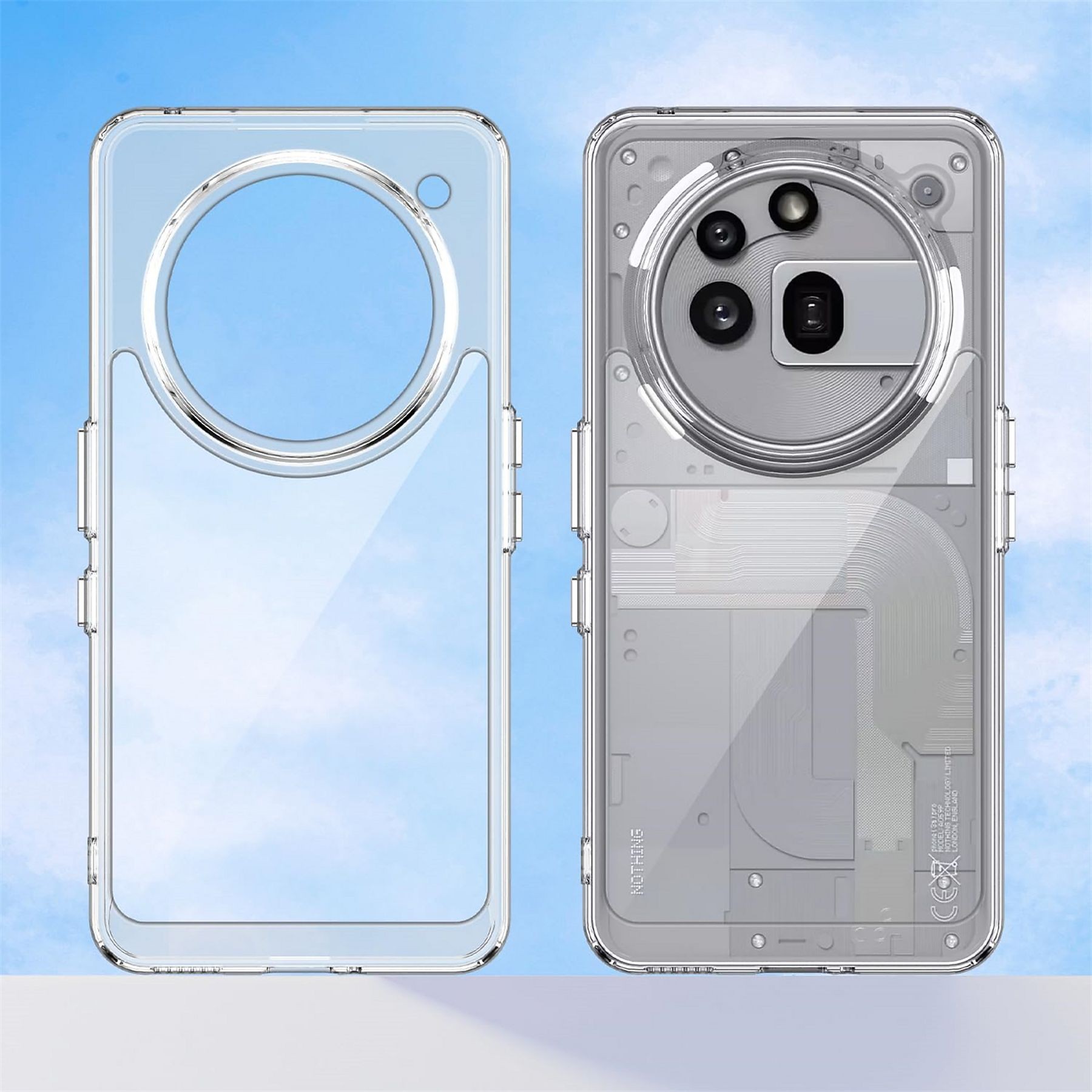 Transparente Handyhülle. Eine Seite zeigt die Vorderseite, die andere die Rückseite mit Kamera. Blauer Himmel.