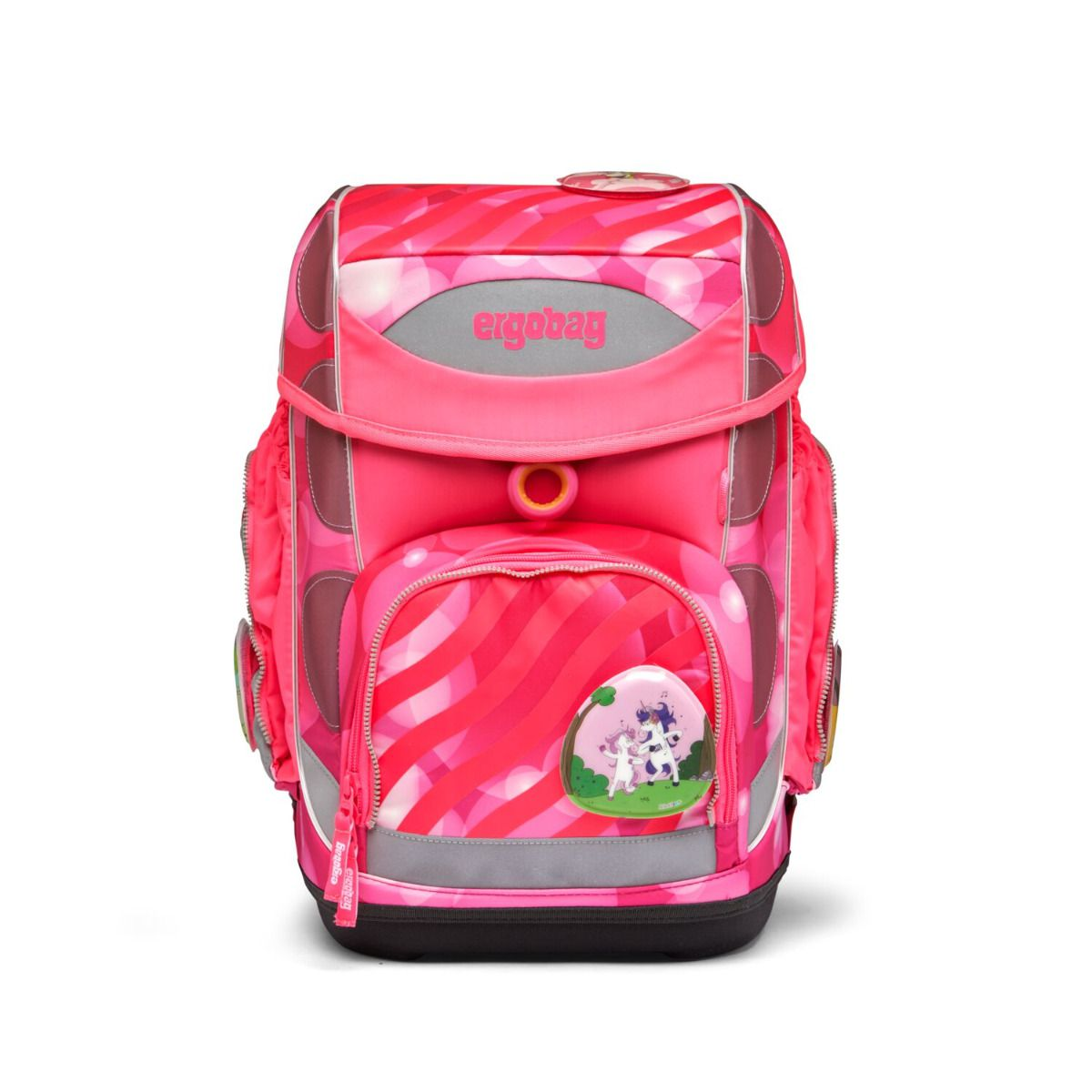 Rosa Schulrucksack mit wellenförmigem Muster. Er hat eine Vordertasche mit Einhorn-Aufkleber. Die Marke ist 'ergobag'.