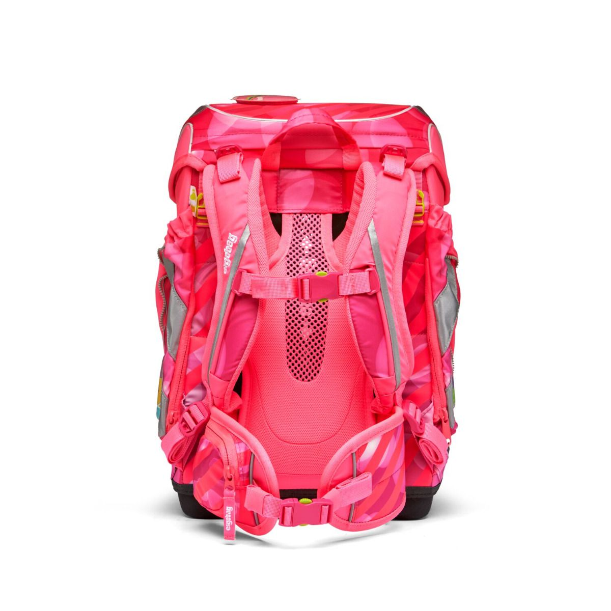 Ein pinkfarbener Rucksack mit mehreren Fächern und Gurten. Das Design umfasst verschiedene Rosatöne und reflektierende Elemente.