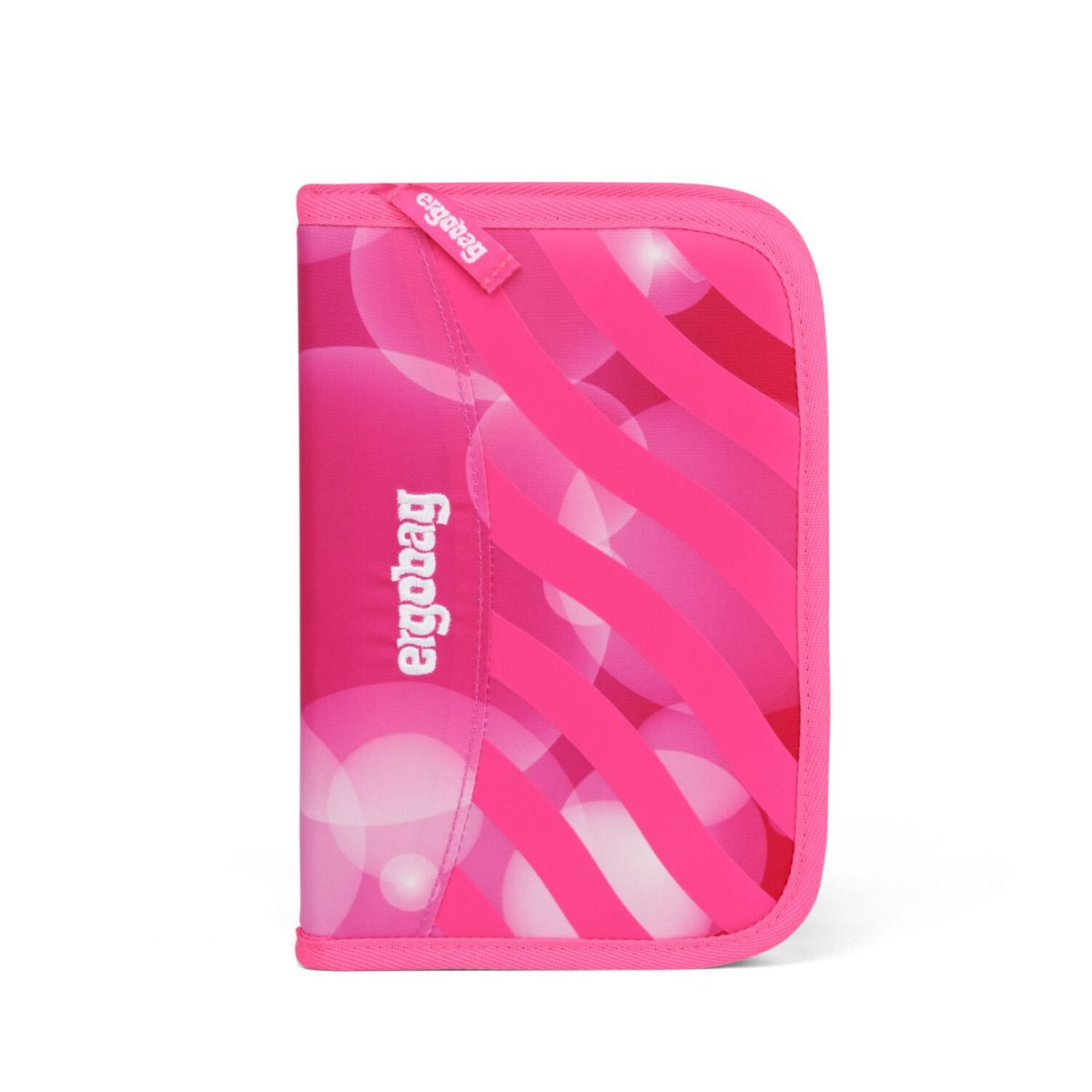 Ein rosa Ergobag-Federmäppchen mit einem Muster aus rosa Blasen. Das Ergobag-Logo ist auf dem Etui sichtbar.