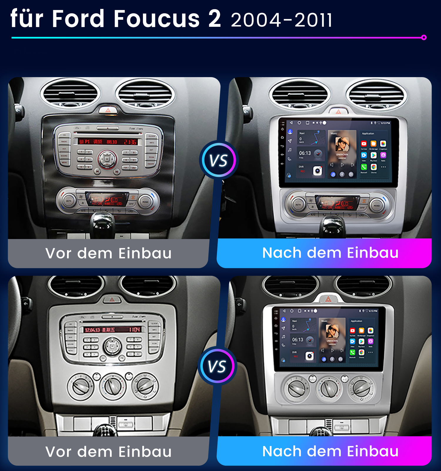 Das Bild zeigt das Armaturenbrett eines Autos vor und nach der Installation eines neuen Multimediasystems. Das neue System hat einen Touchscreen.