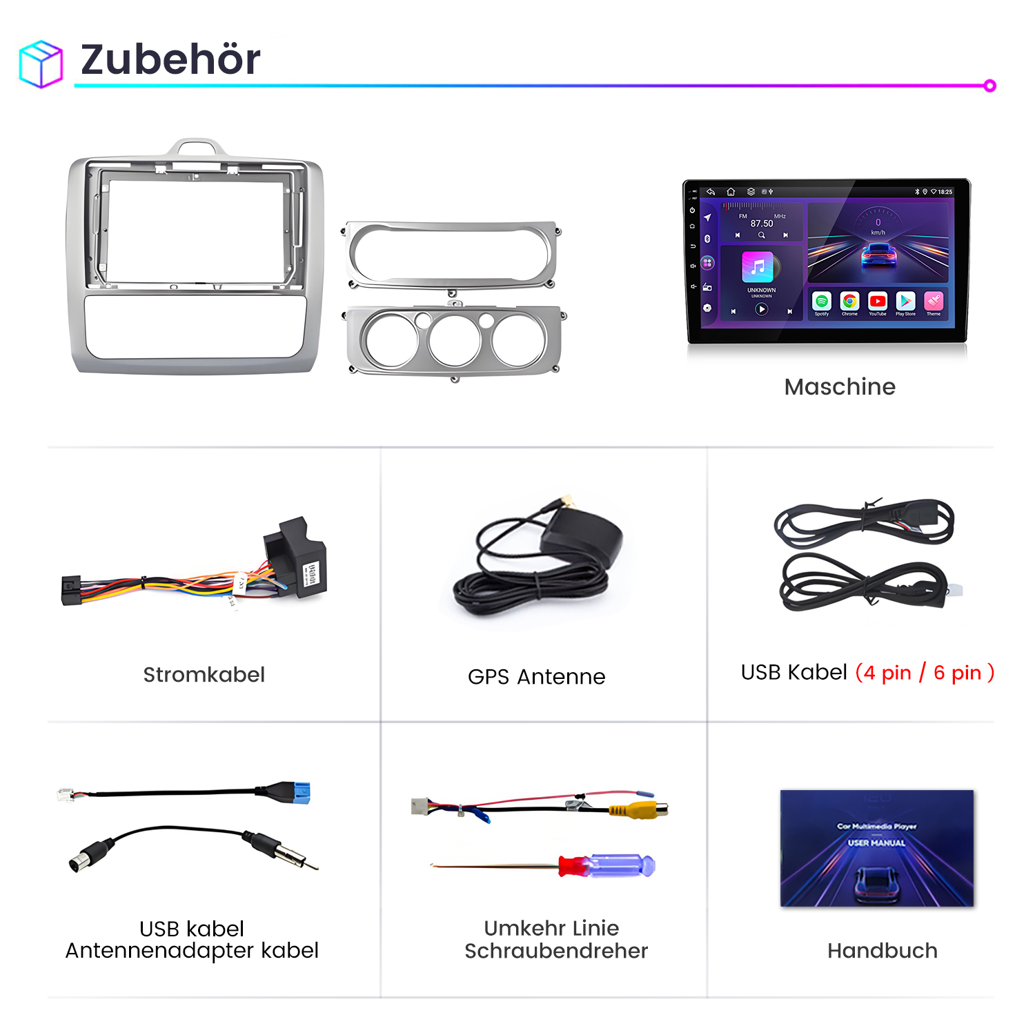 Das Bild zeigt Auto-Multimedia-Zubehör: ein Radio, Kabel, GPS-Antenne, Schraubendreher und Benutzerhandbuch.
