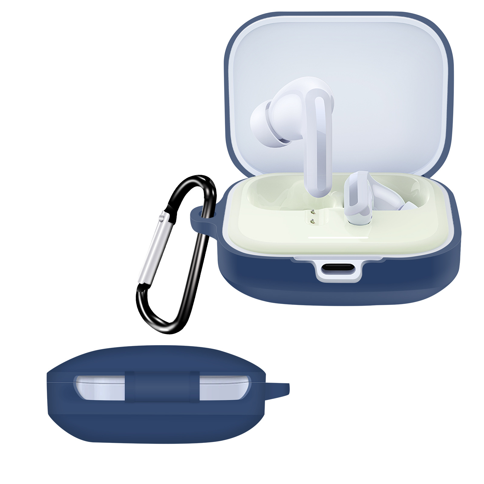 Auricolari bianchi in una custodia blu con moschettone nero e custodia chiusa. Il coperchio è aperto. Sfondo bianco.