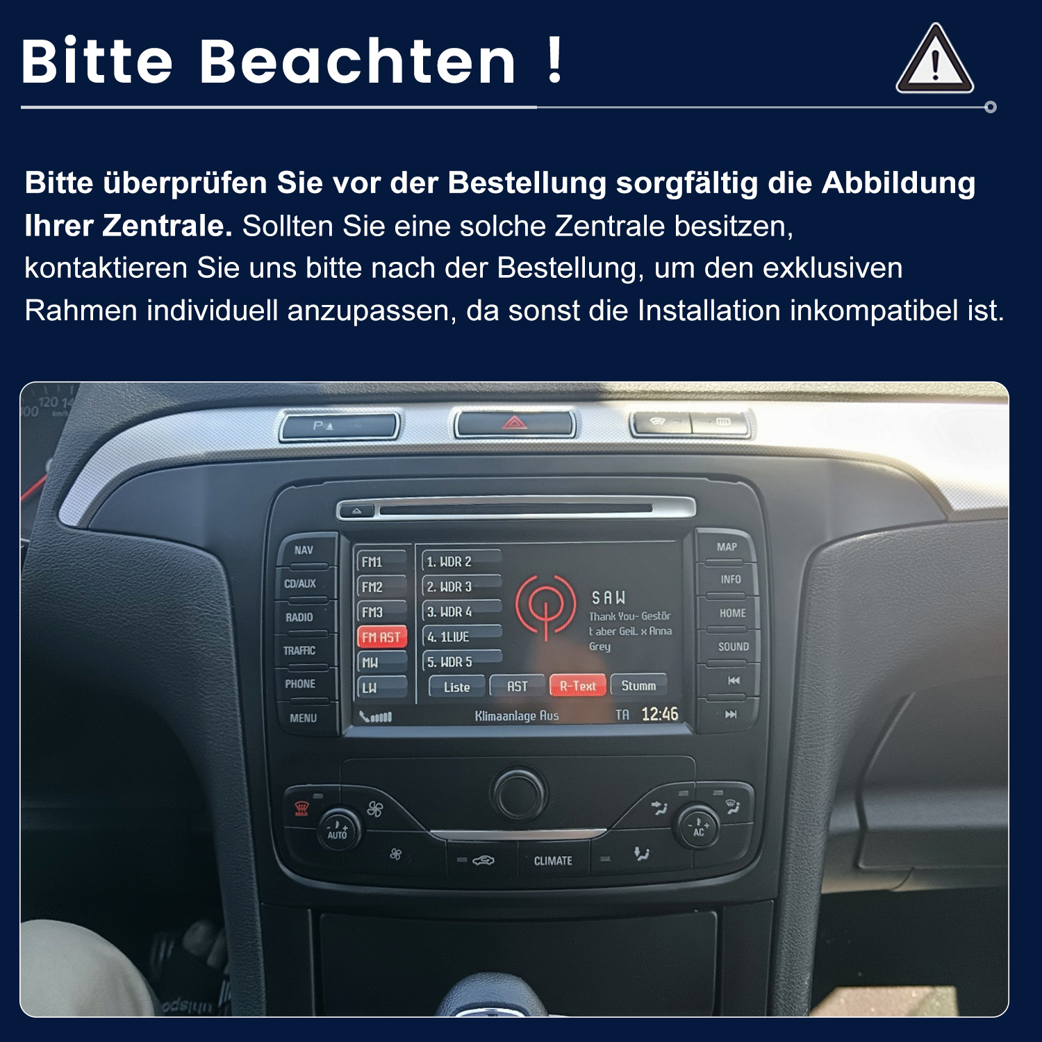 Armaturenbrett mit Radioanzeige und Klimaanlage. Das Radio zeigt Senderinformationen und die Uhrzeit: 12:46.