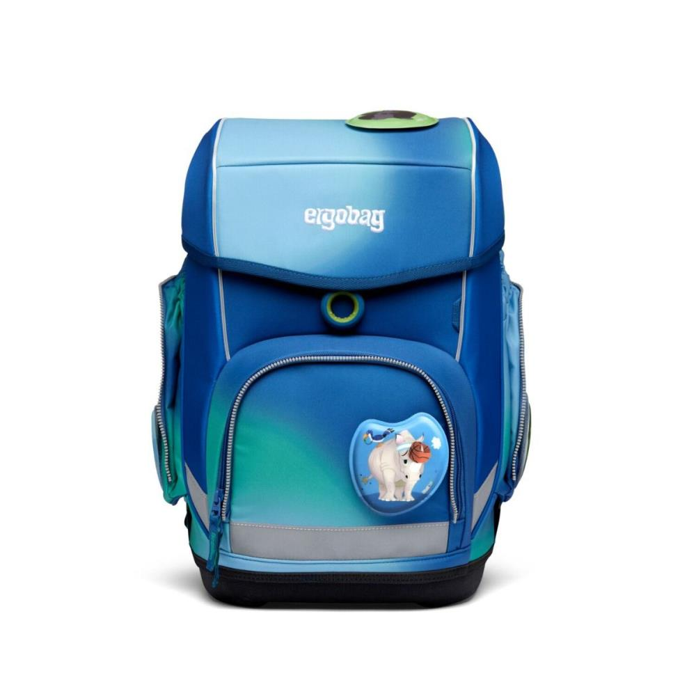 Blauer und grüner Ergobag-Schulrucksack mit Nashorn-Grafik auf der Vorderseite. Er hat mehrere Fächer und Reißverschlüsse.