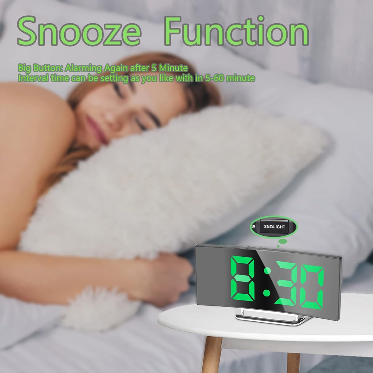 Eine Frau schläft in der Nähe einer Digitaluhr, die 6:30 Uhr anzeigt. Text zur Schlummerfunktion steht oben.