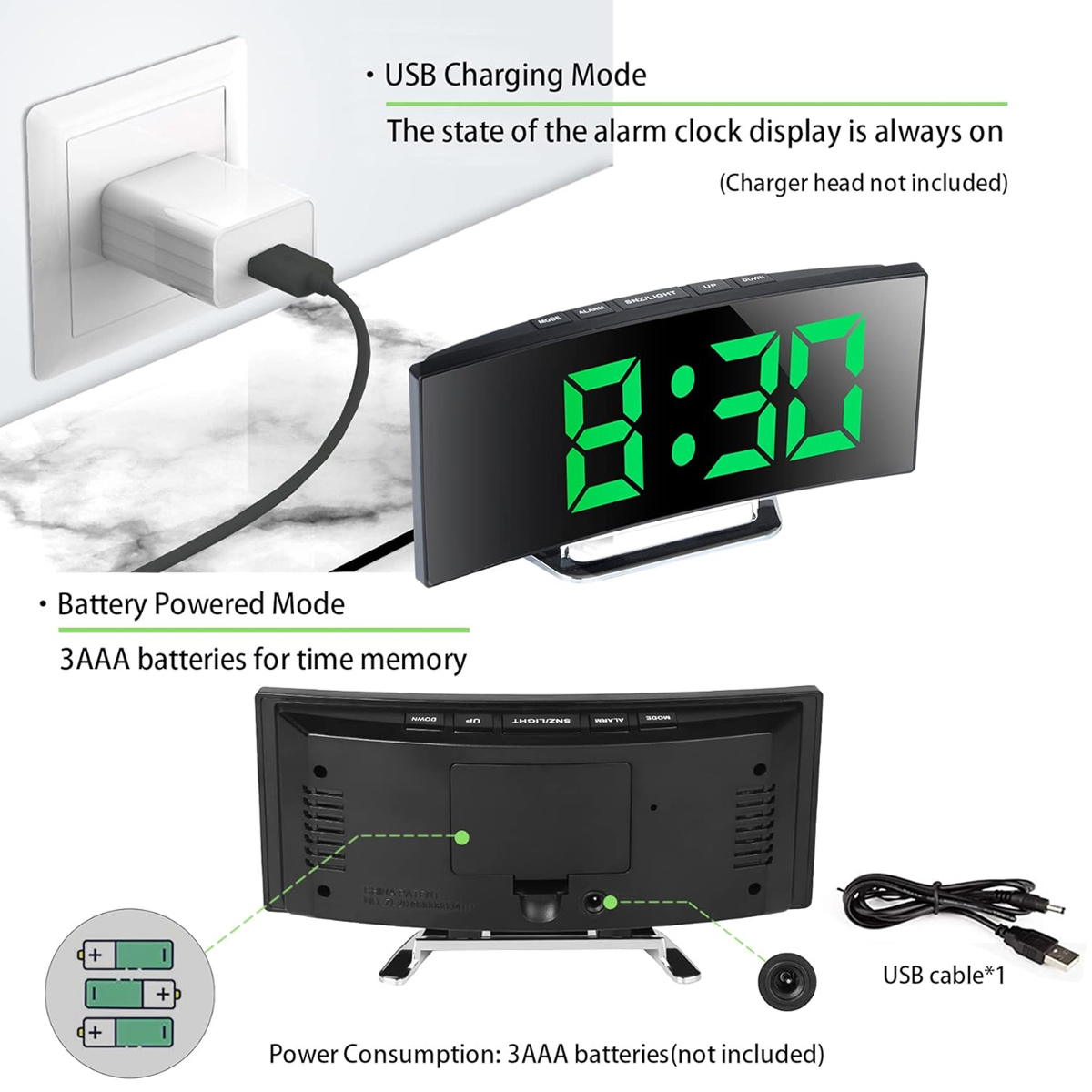 Schwarzer digitaler Wecker mit der Anzeige 8:30. Ein USB-Kabel ist an eine Steckdose angeschlossen. Batterien sind abgebildet. Text zeigt USB- und Batteriemodi an.